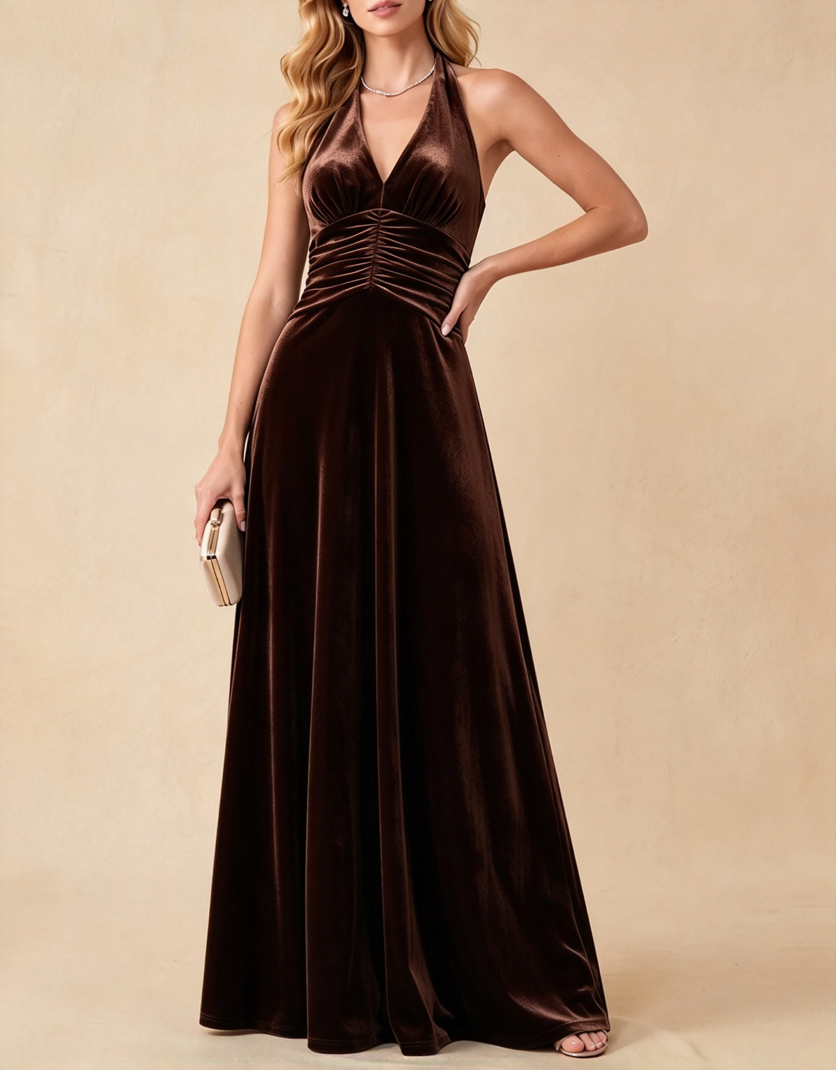 Vestido largo formal de terciopelo con cuello halter, escote en V profundo, cintura fruncida y corte en A