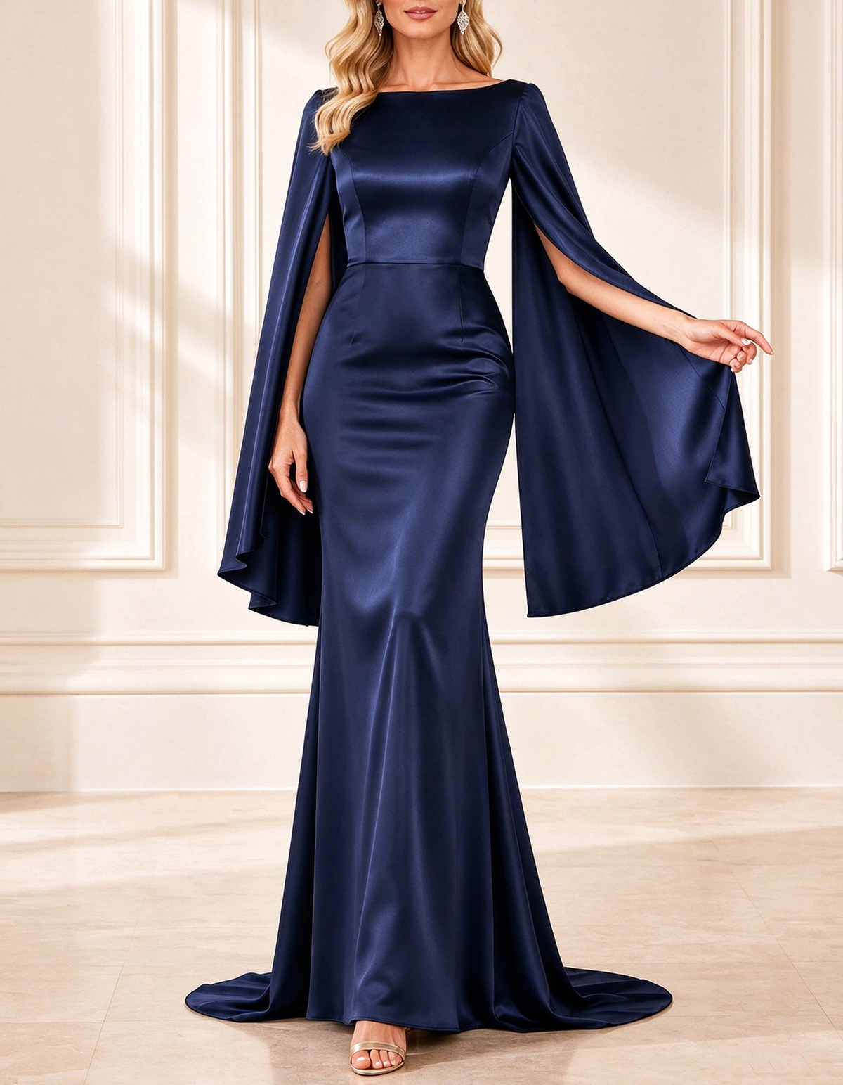 Robe longue de luxe en satin à encolure bateau et manches cape