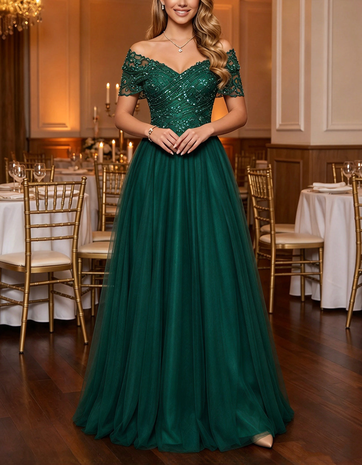 Vestido largo de tul y encaje color champán con hombros descubiertos
