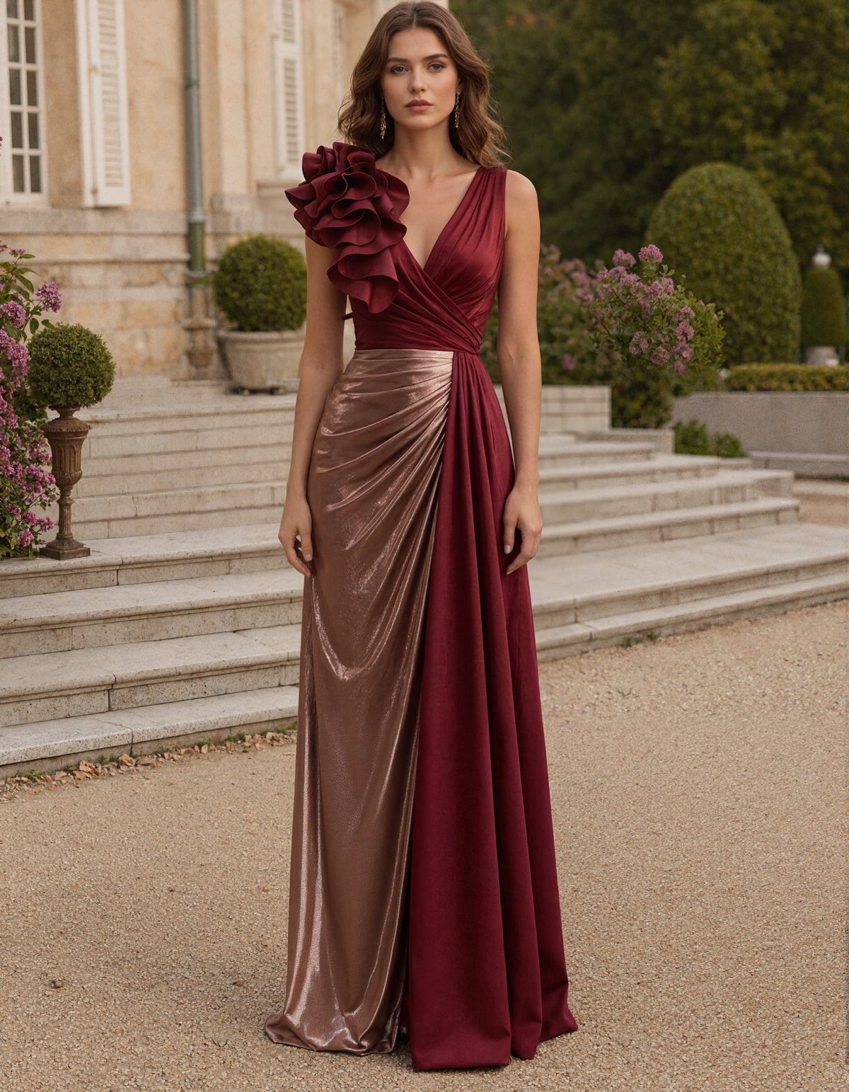 Vestido comprido de cetim, sem mangas, com decote em V e blocos de cor cor de vinho