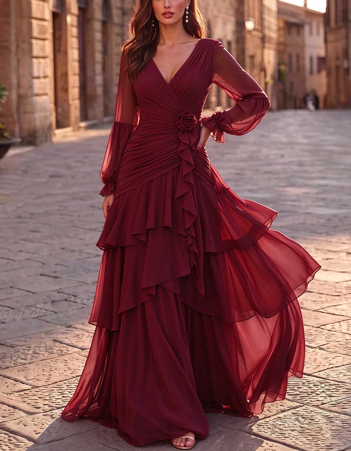 Vestido largo maxi de gasa con cuello en V, mangas largas abullonadas, rosa 3D y volantes en varias capas