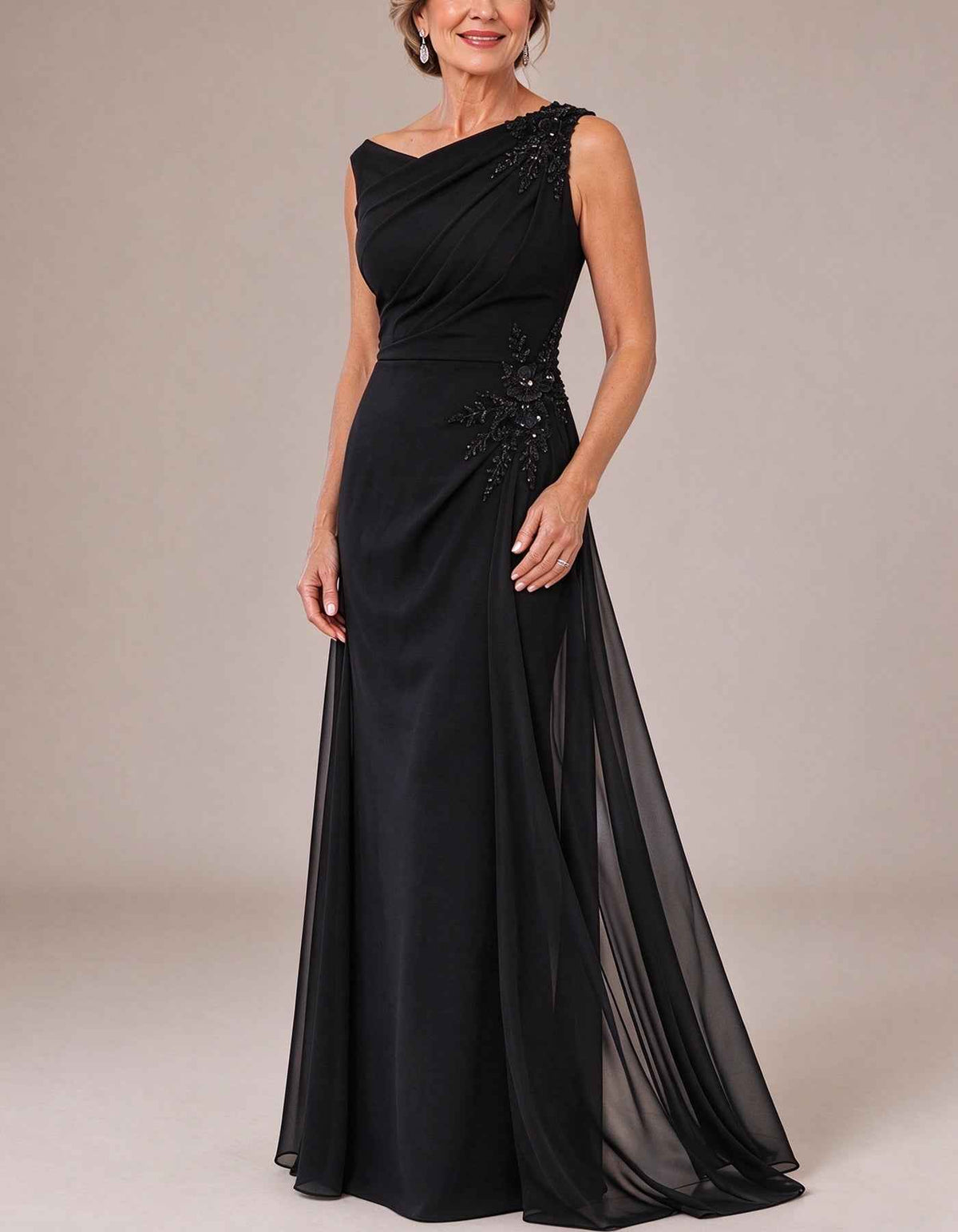 Chiffon One Shoulder Lace Applique Ruched A-Line Maxi Dress