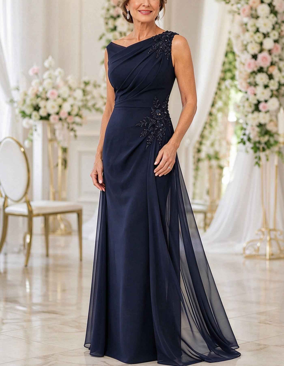 Chiffon One Shoulder Lace Applique Ruched A-Line Maxi Dress