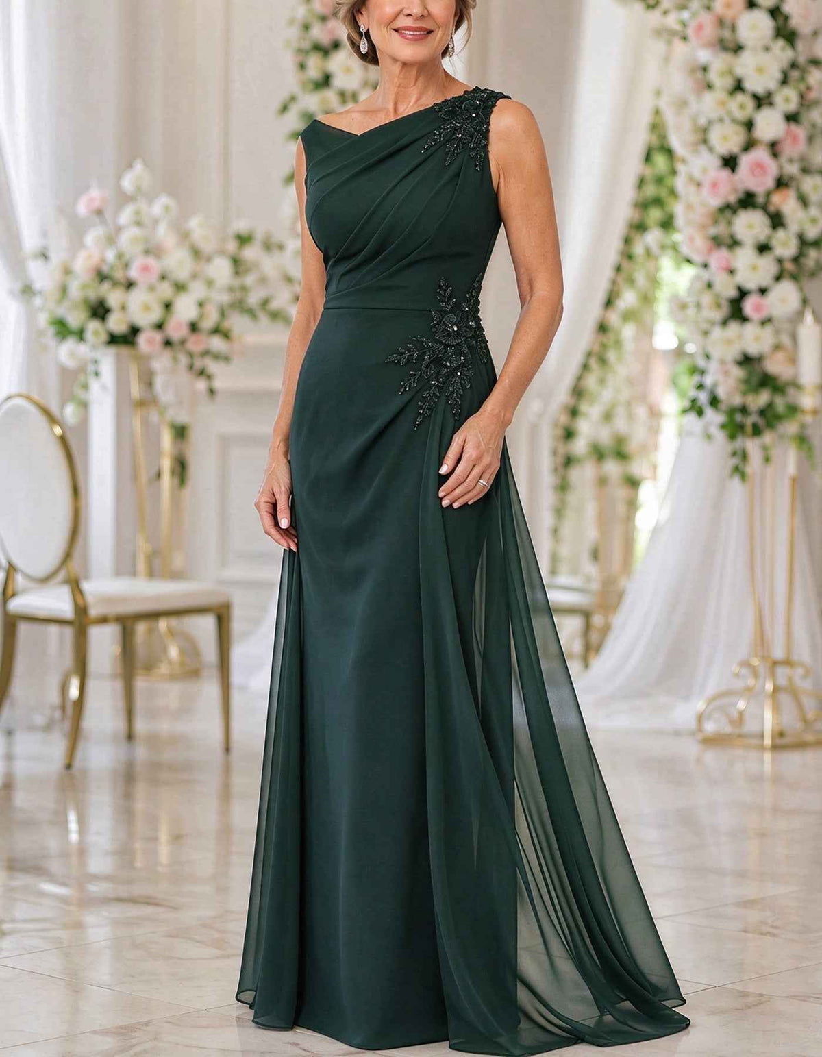 Chiffon One Shoulder Lace Applique Ruched A-Line Maxi Dress