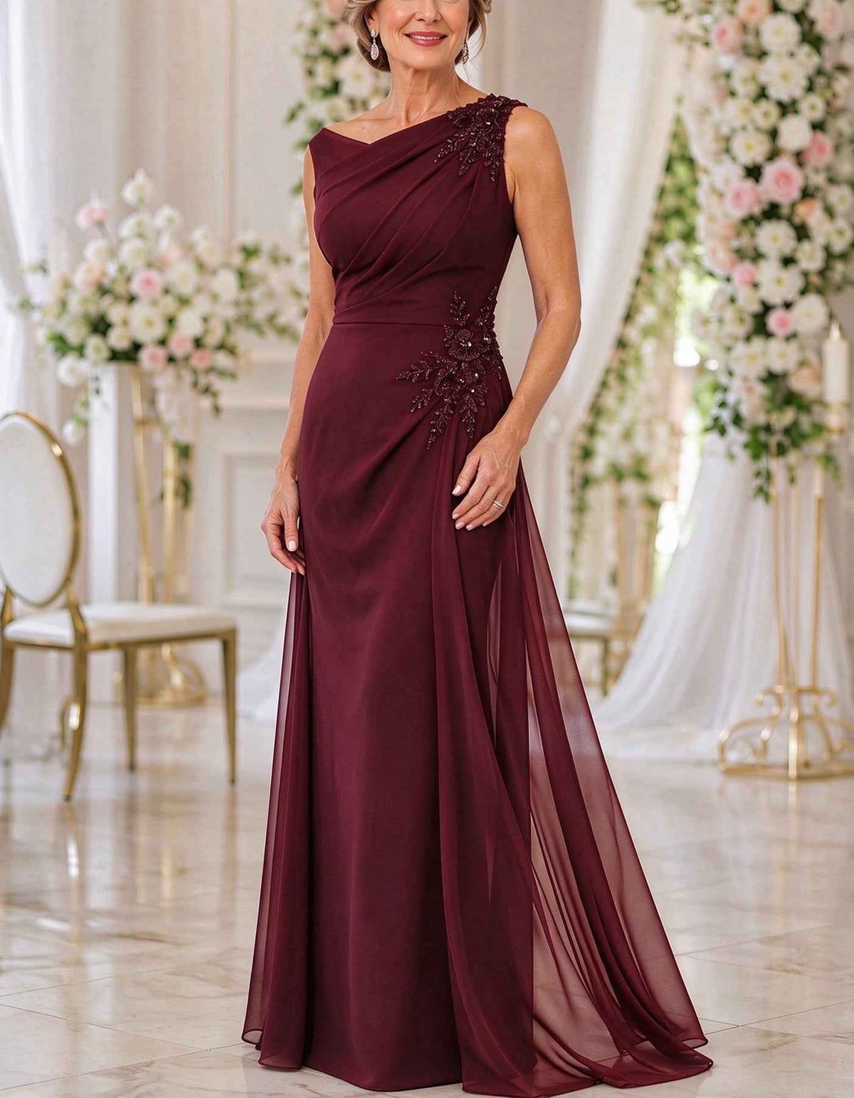 Chiffon One Shoulder Lace Applique Ruched A-Line Maxi Dress