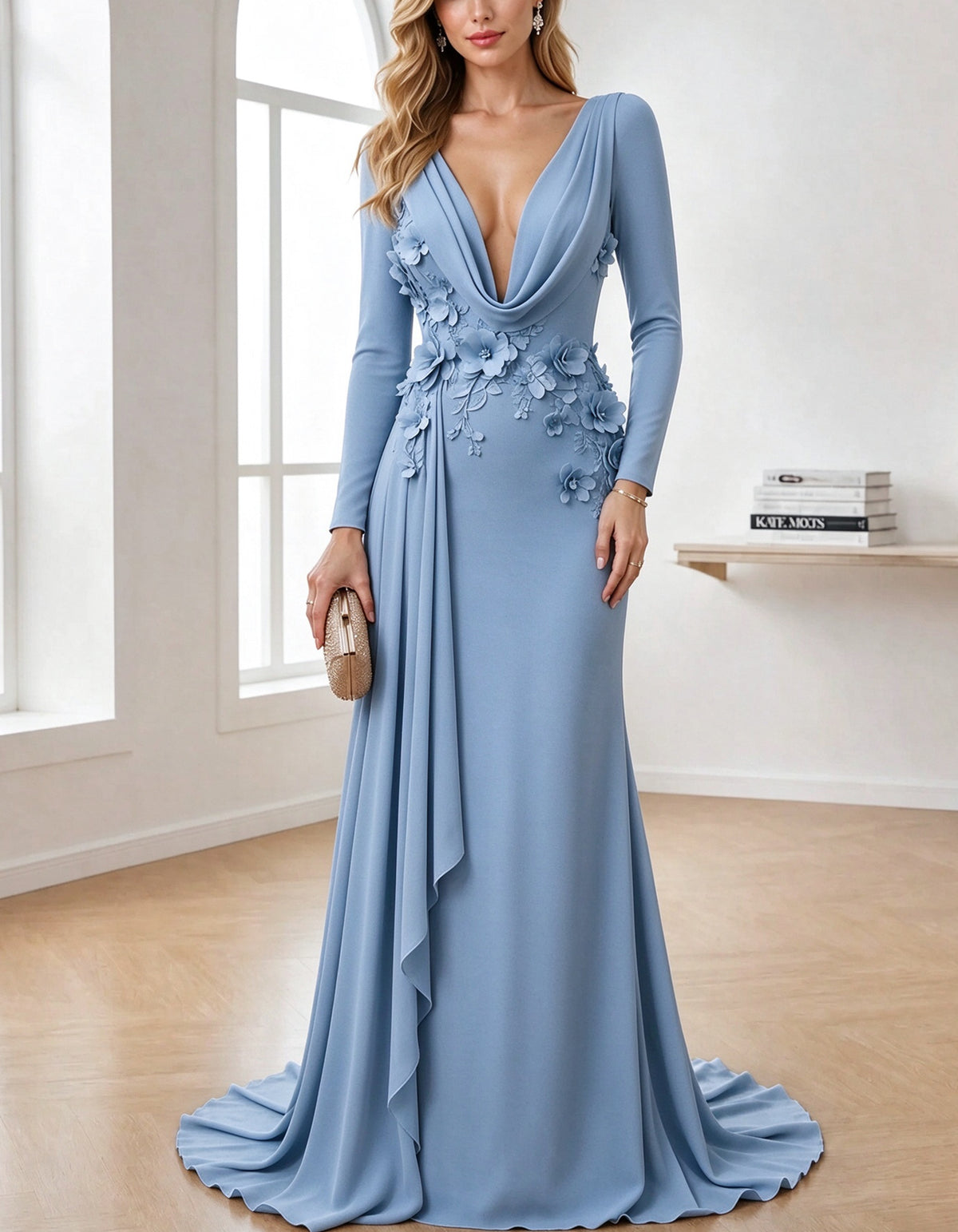 Chiffon Cowl Deep V Neck Long Sleeve 3D Floral Maxi Dress