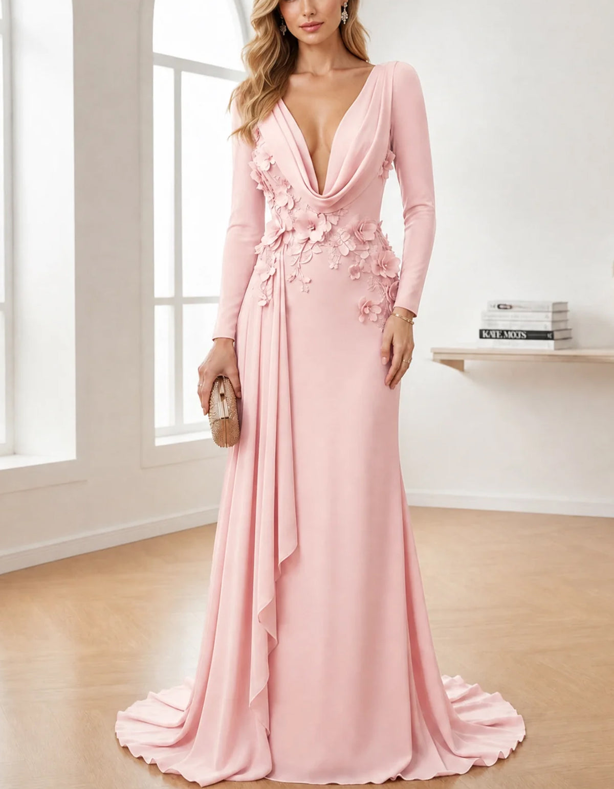 Chiffon Cowl Deep V Neck Long Sleeve 3D Floral Maxi Dress