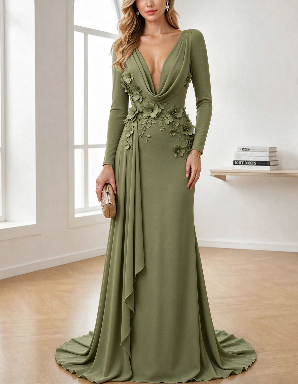 Chiffon Cowl Deep V Neck Long Sleeve 3D Floral Maxi Dress