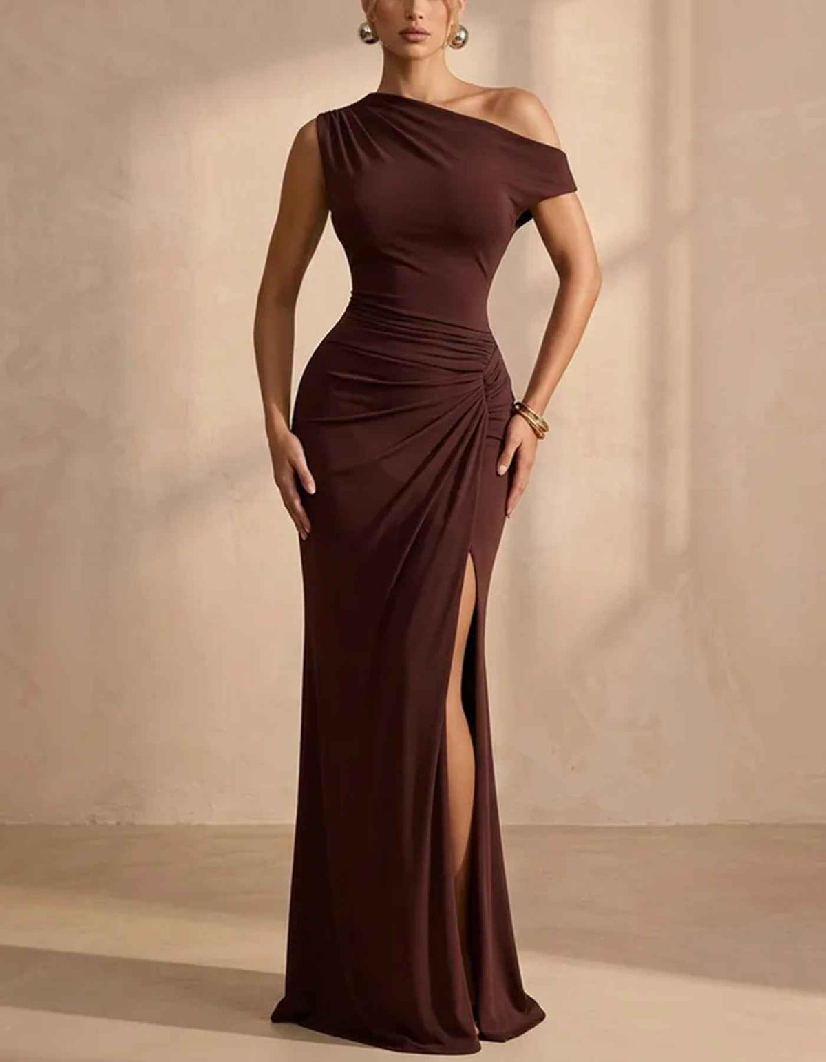 Asymmetrical One Shoulder Ruched Waist High Slit Maxi Dress