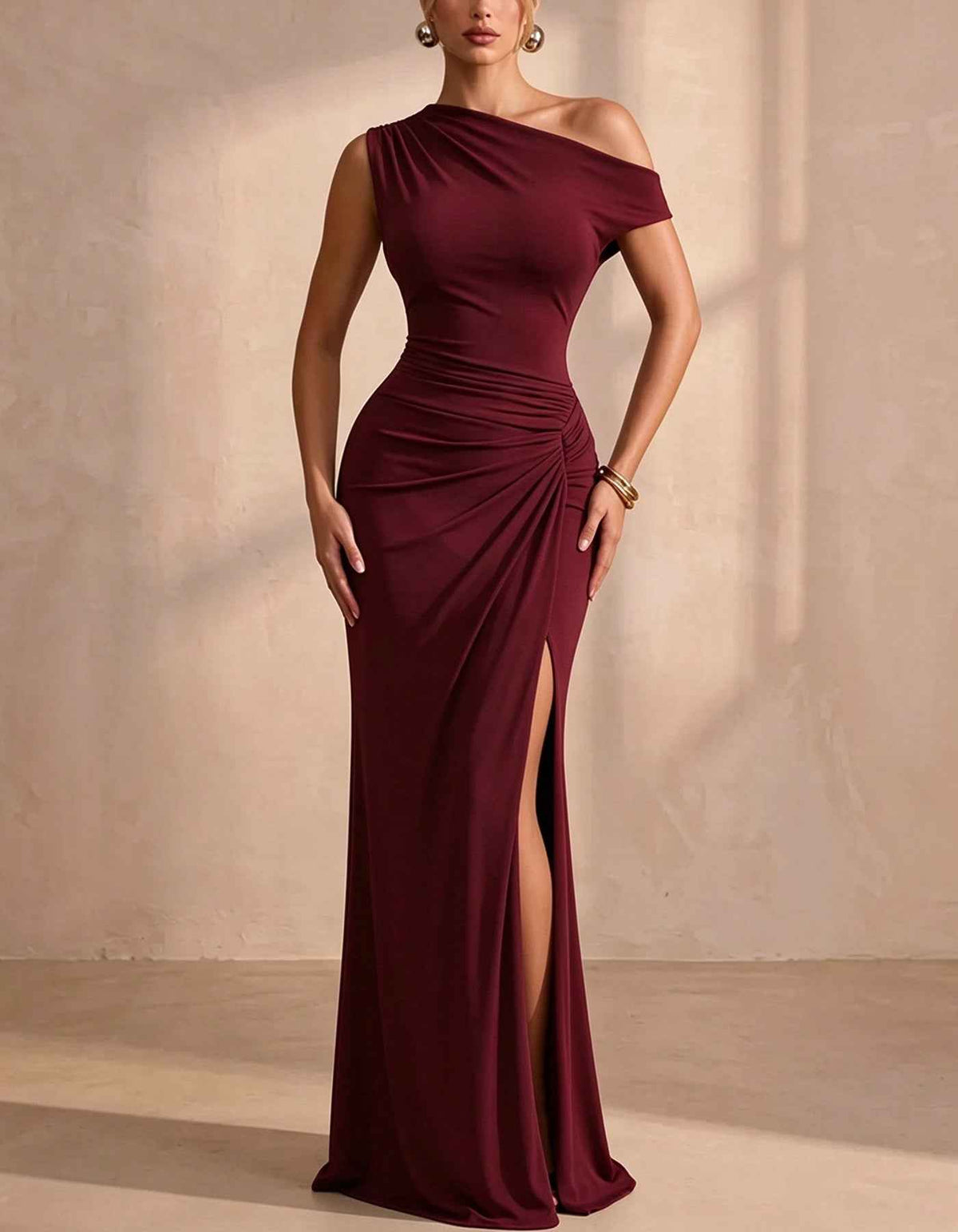 Asymmetrical One Shoulder Ruched Waist High Slit Maxi Dress