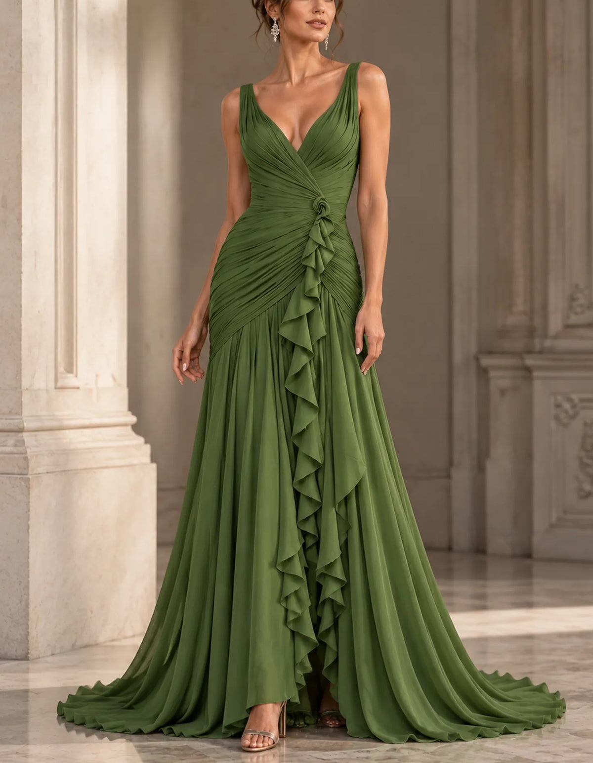 Chiffon V-Neck Sleeveless Wrap Ruched 3D Rose Side Ruffle Maxi Dress