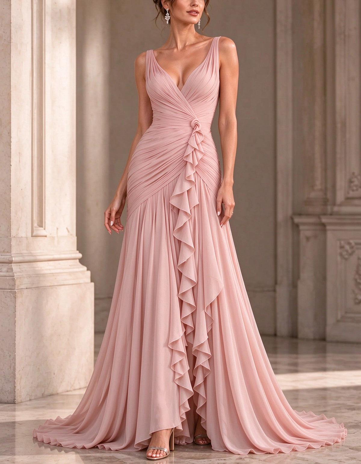 Abito maxi in chiffon con scollo a V, senza maniche, drappeggiato, con arricciature e rosa 3D laterale con volant