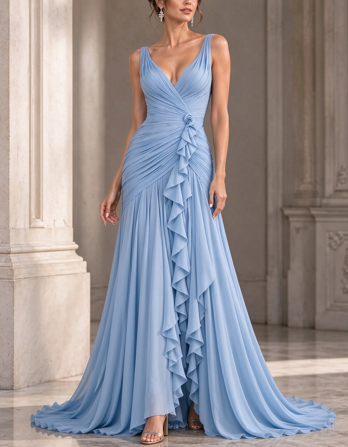 Abito maxi in chiffon con scollo a V, senza maniche, drappeggiato, con arricciature e rosa 3D laterale con volant