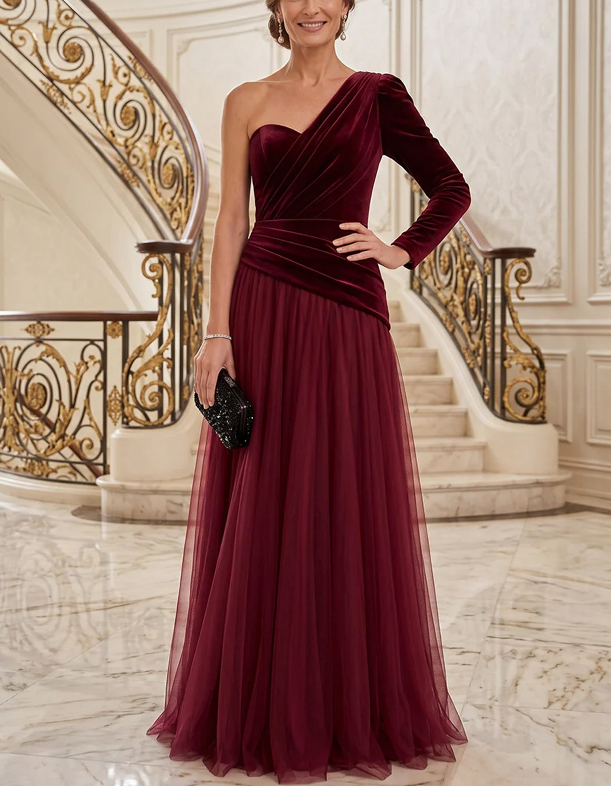 Burgundy Velvet & Tulle One Shoulder Long Sleeve Maxi Dress