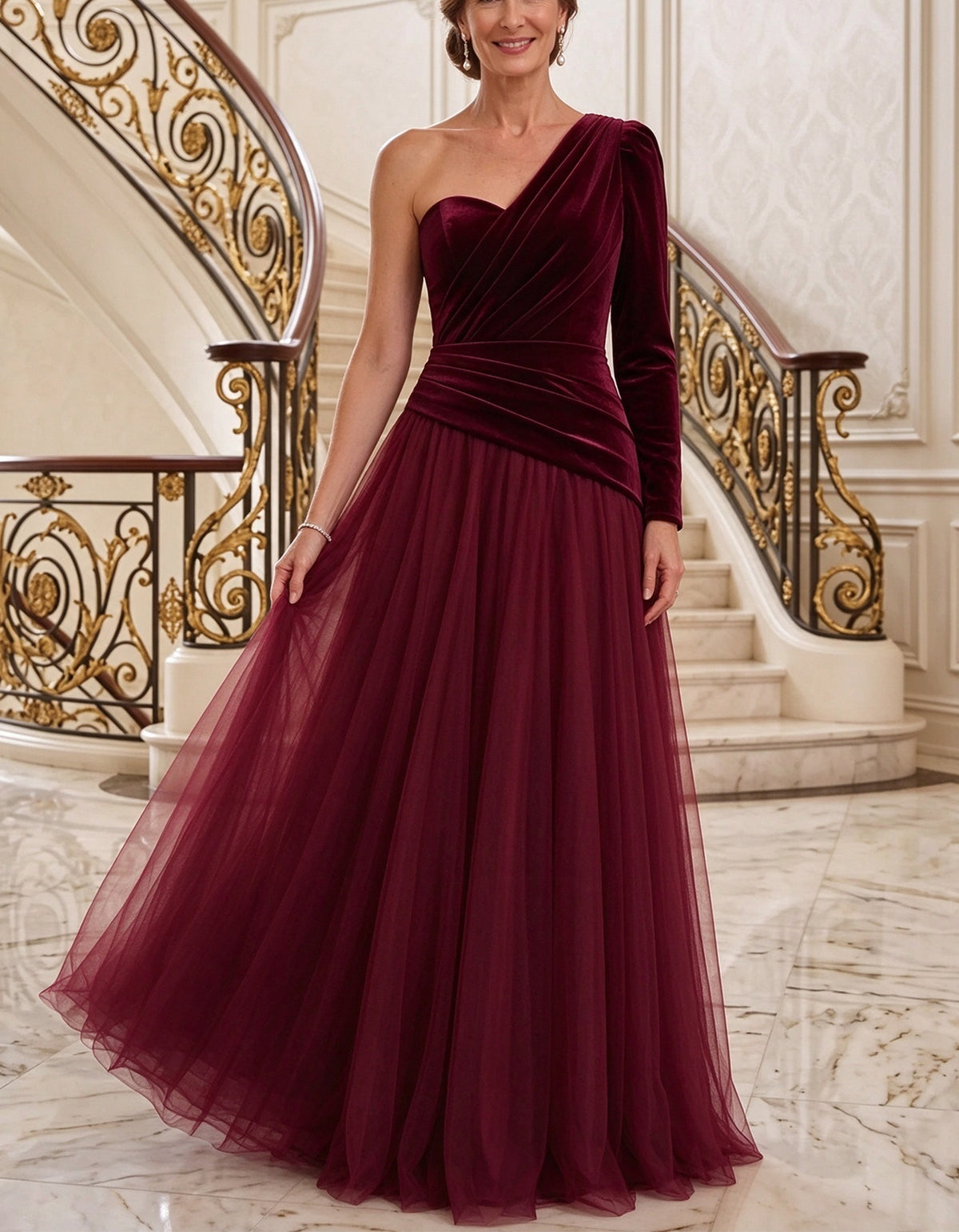 Burgundy Velvet & Tulle One Shoulder Long Sleeve Maxi Dress