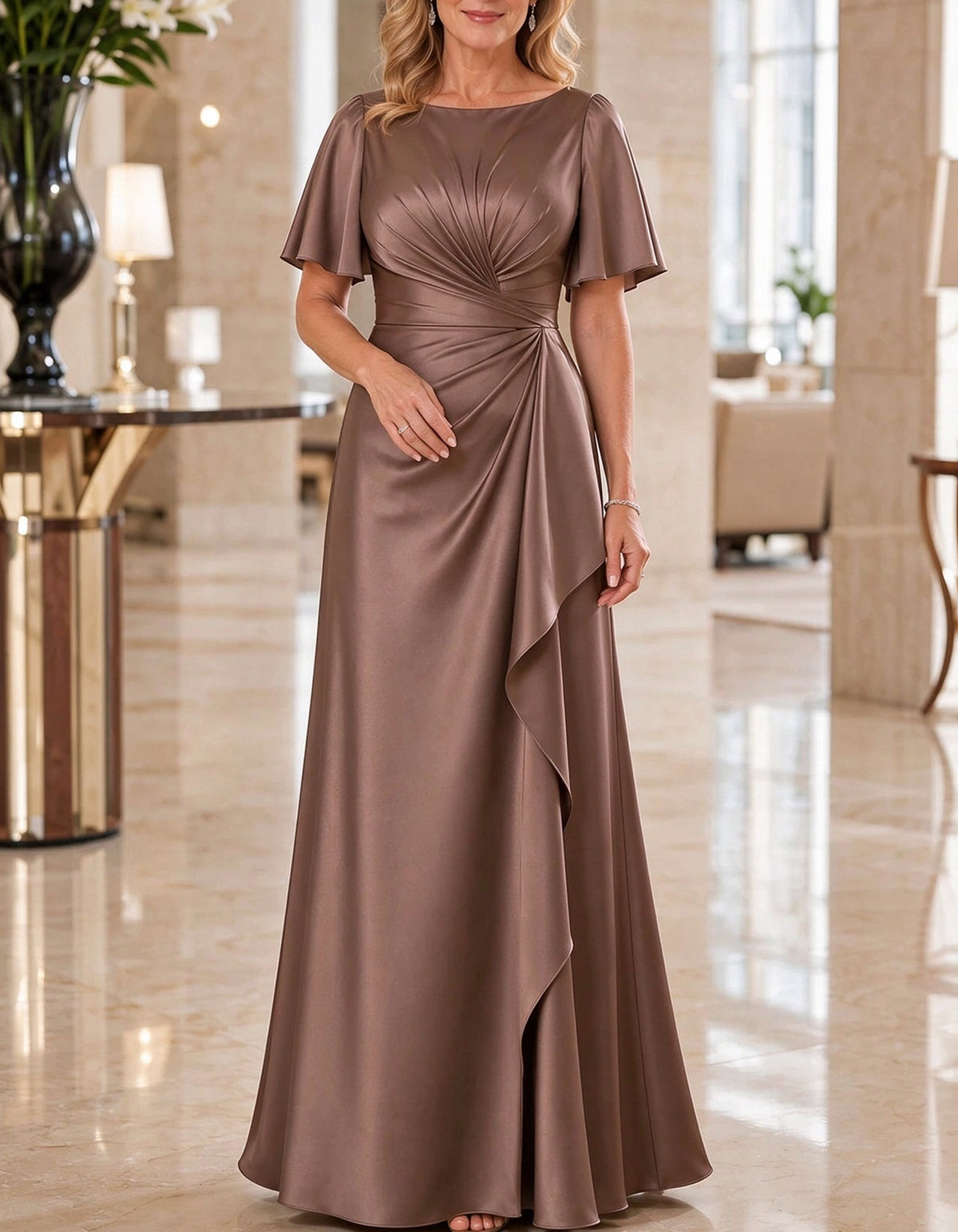 Vestido maxi de satén con escote bateau y mangas de volantes