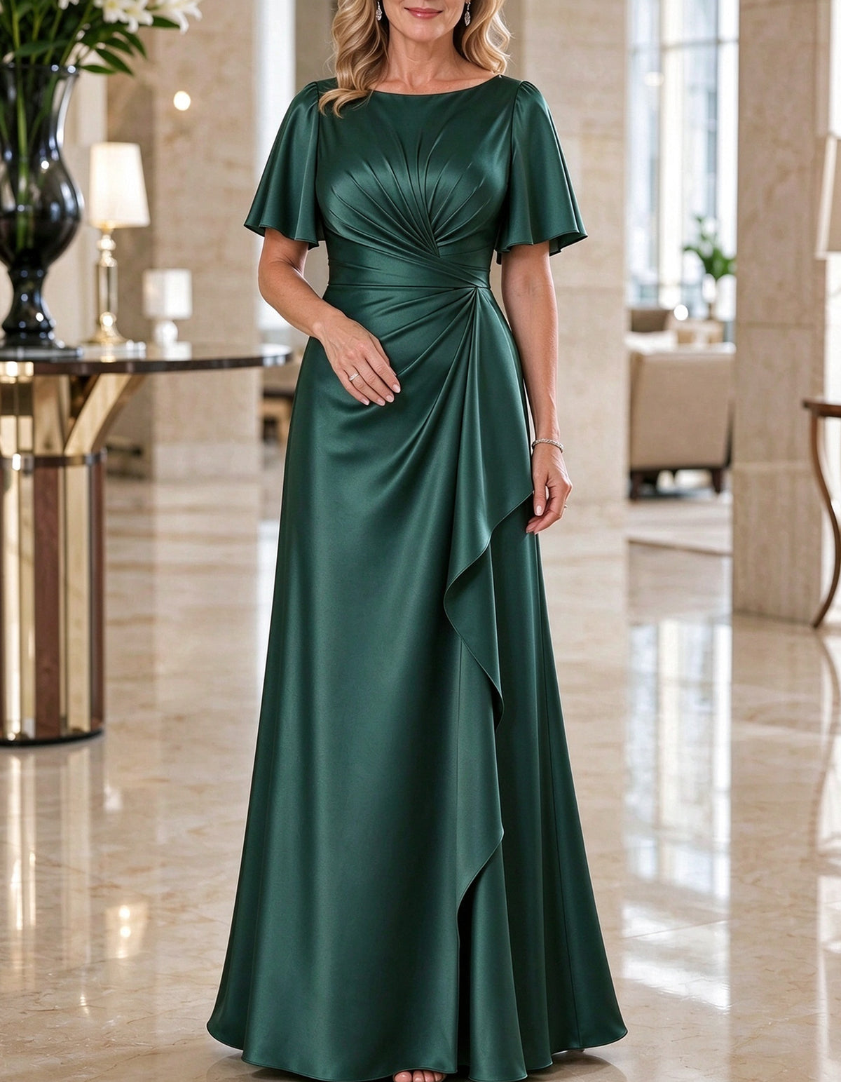 Robe longue maxi en satin à col bateau et manches volantées