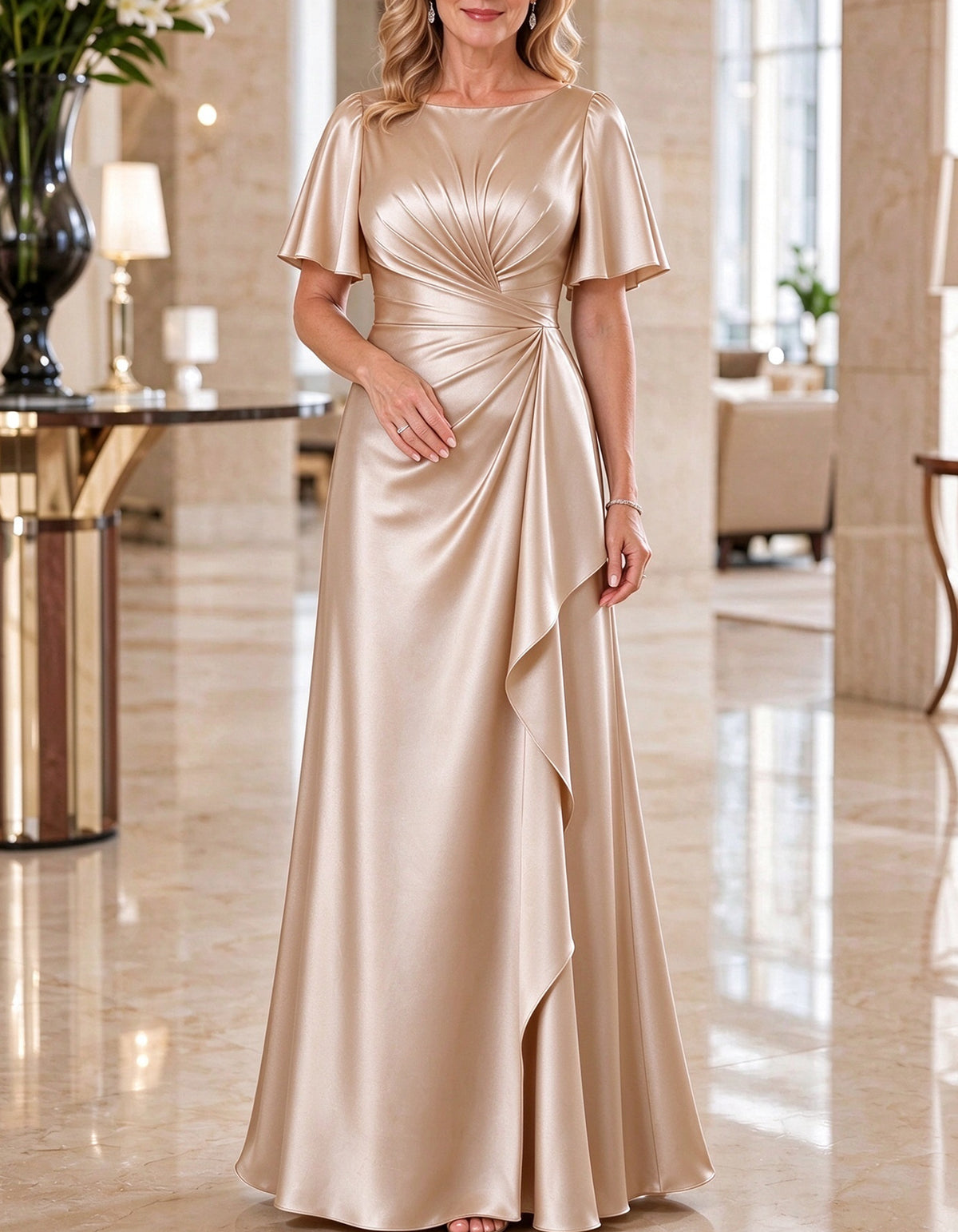 Robe longue maxi en satin à col bateau et manches volantées