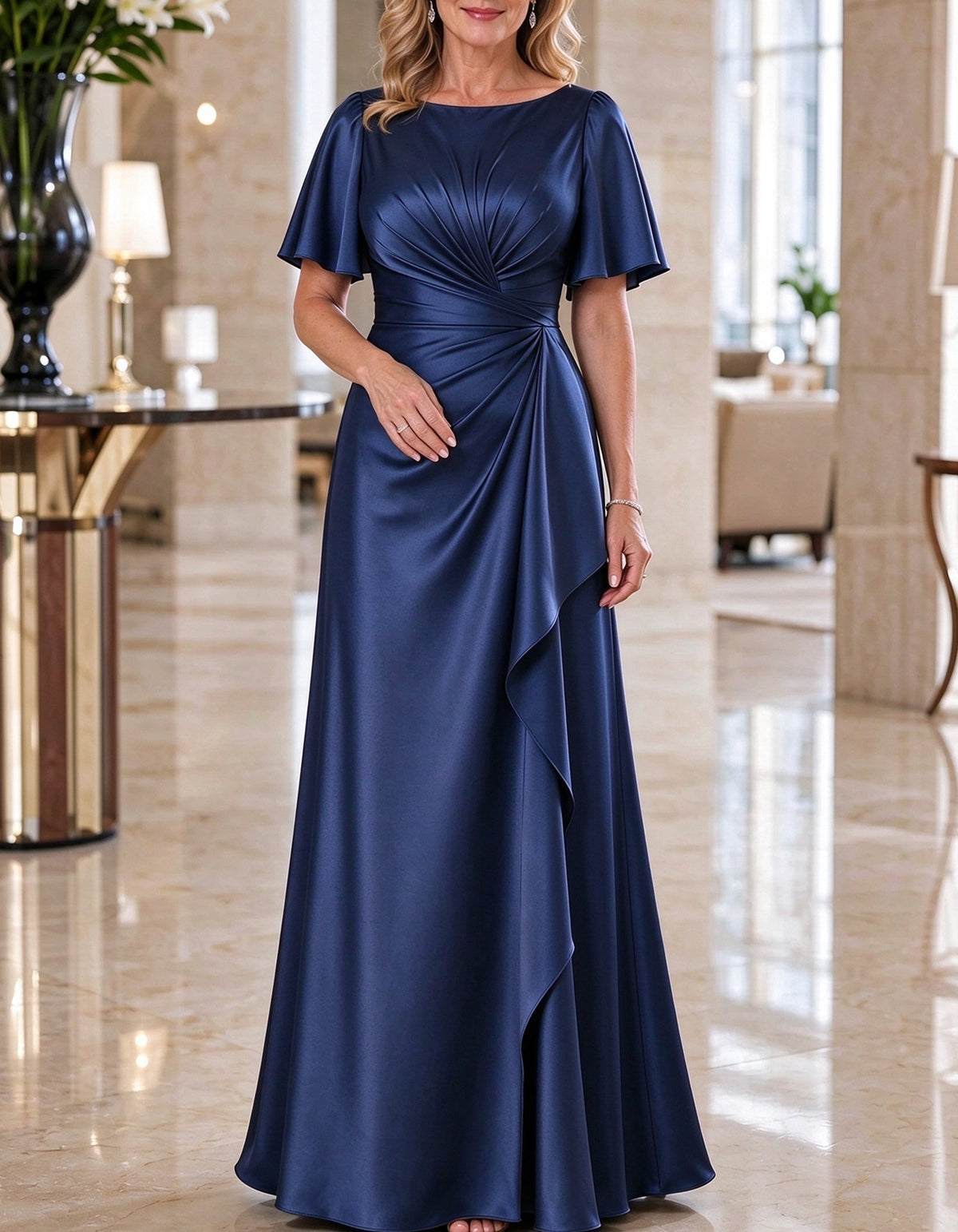 Vestido maxi de satén con escote bateau y mangas de volantes