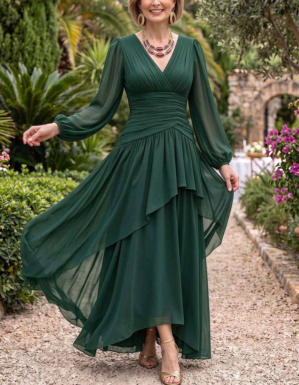Vestido largo maxi de gasa con escote en V, mangas largas abullonadas, fruncido y corte en línea A