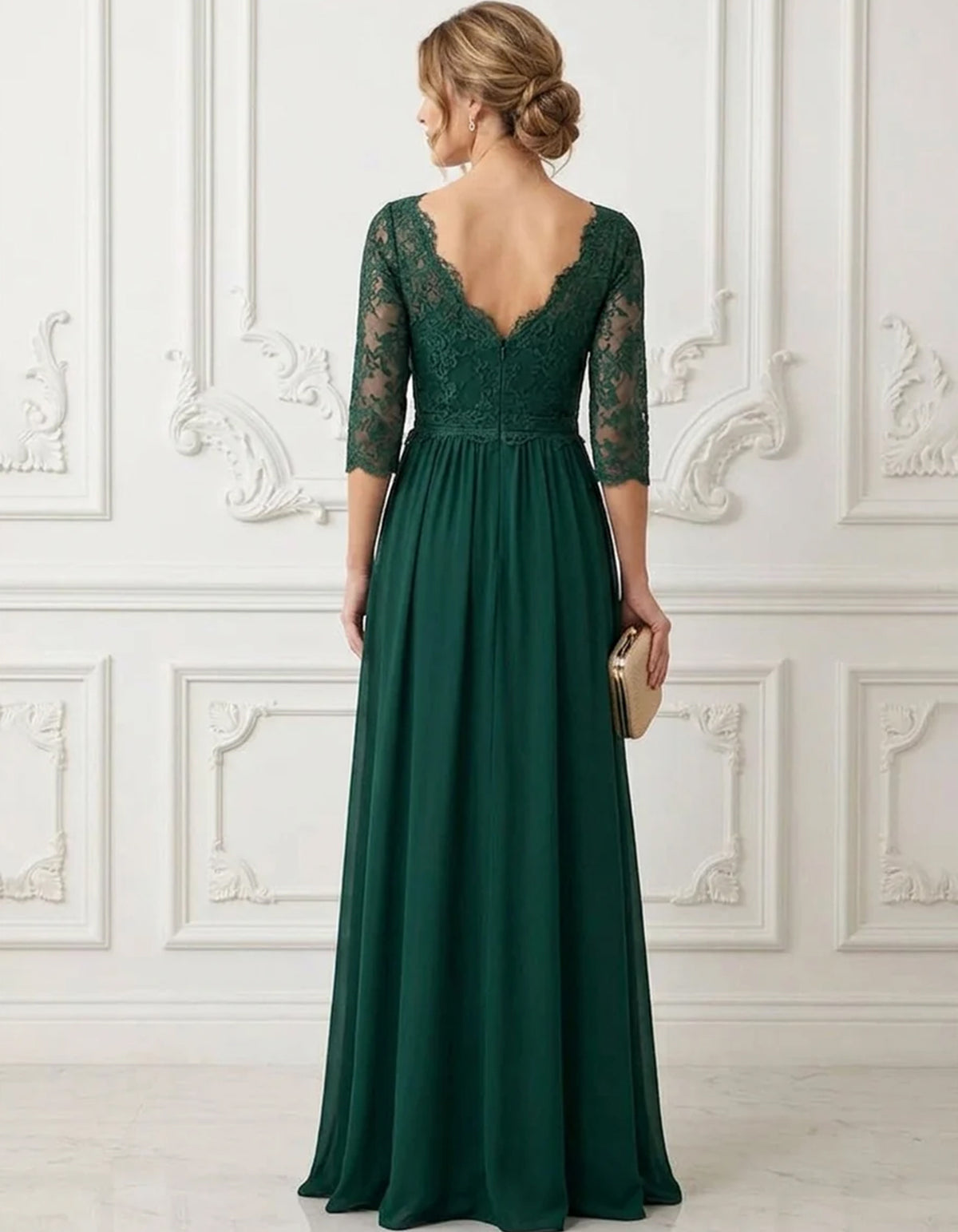 Rochie maxi verde din șifon, cu decolteu în V, dantelă, cordon în talie și croială în A