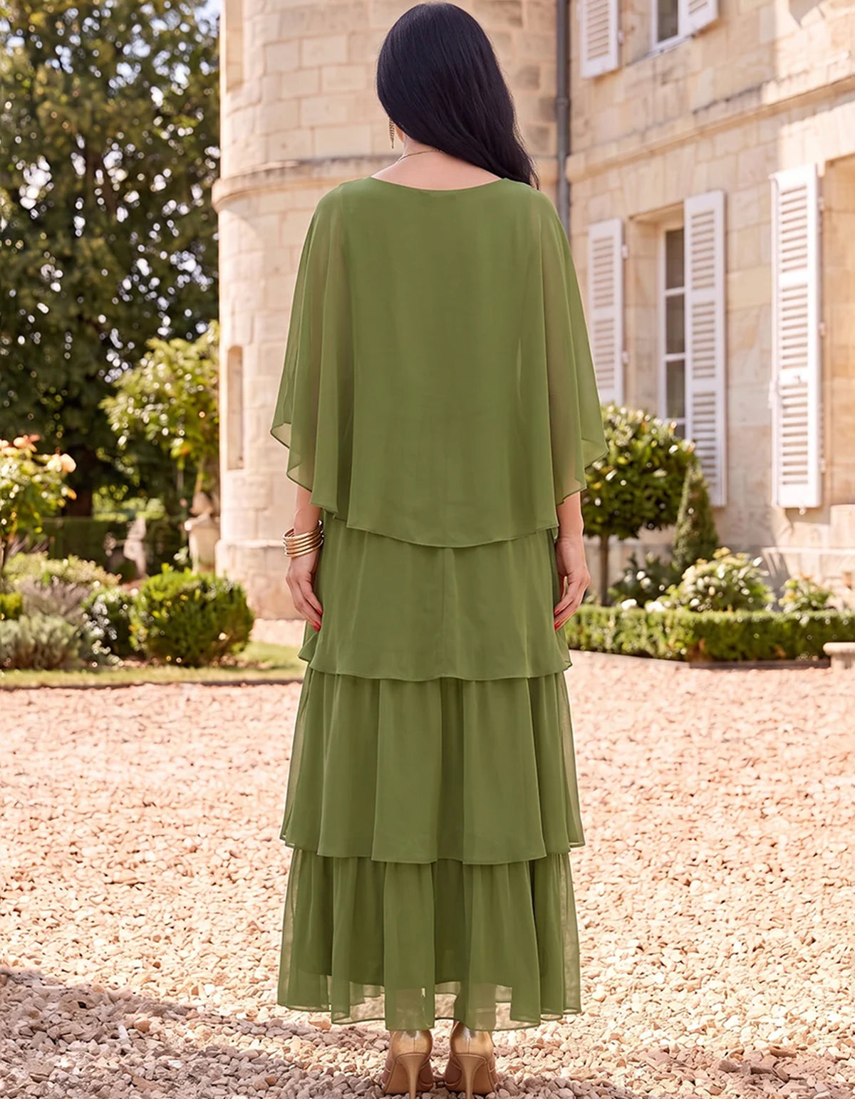 Chiffon maxi-jurk met ronde hals, cape-mouwen en gelaagde ruches