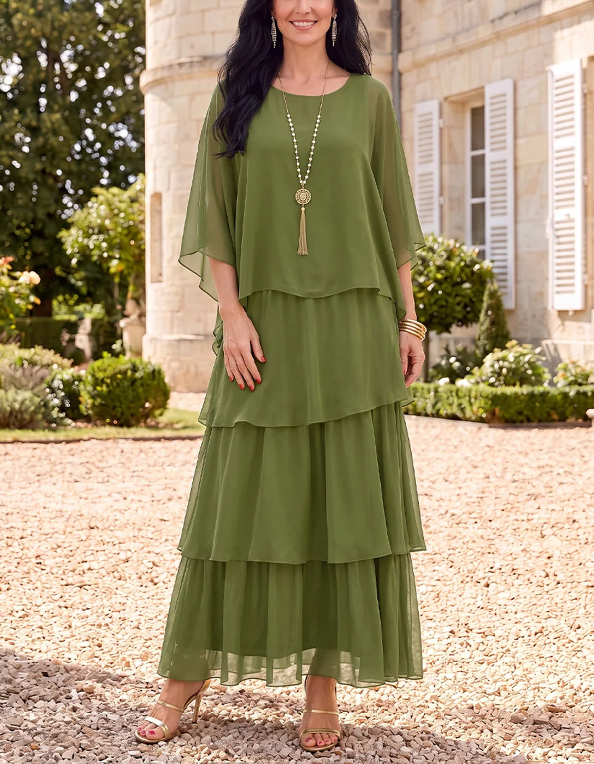 Maxikleid aus Chiffon mit Rundhalsausschnitt, Cape-Ärmeln, Stufen und Rüschen