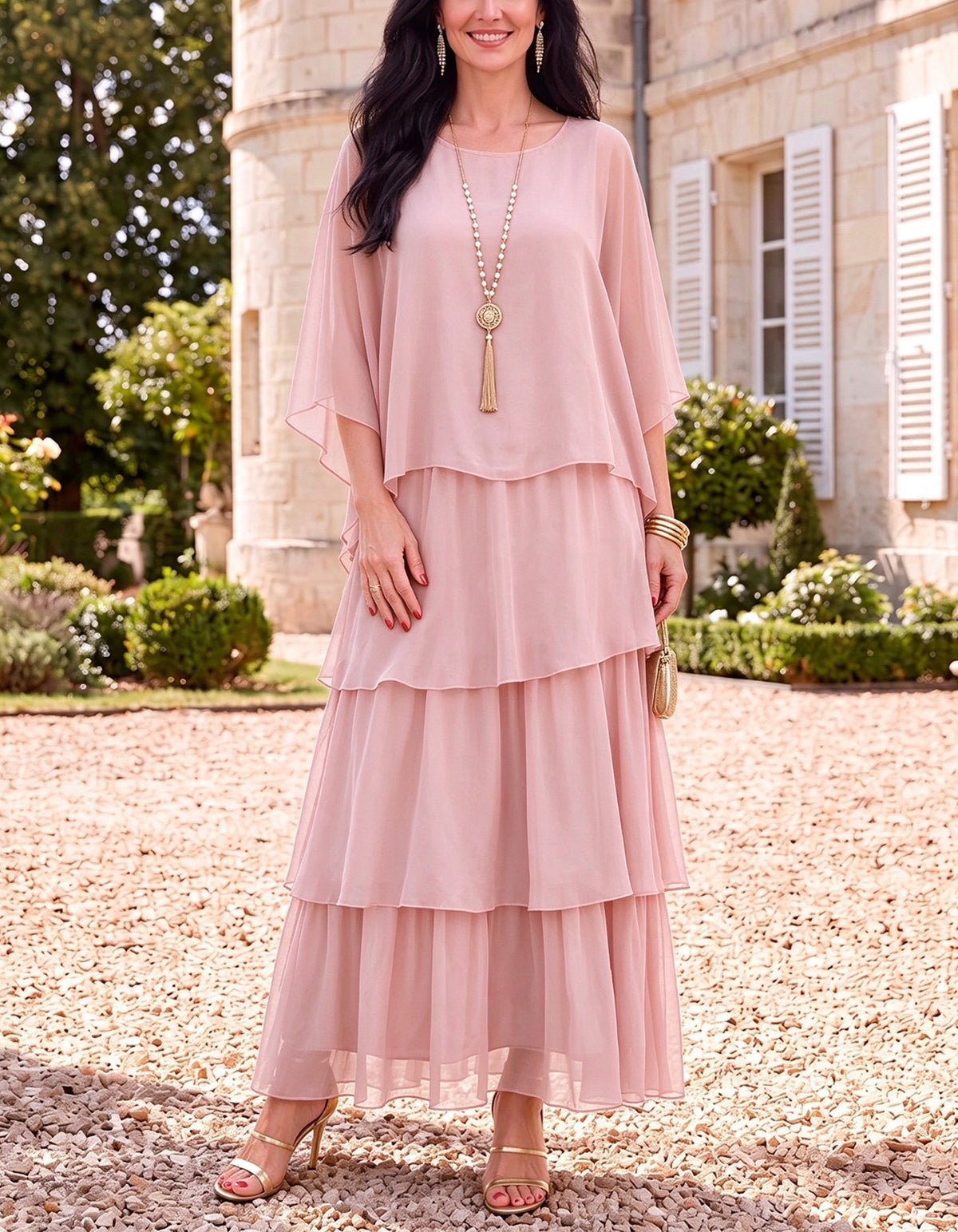 Maxikleid aus Chiffon mit Rundhalsausschnitt, Cape-Ärmeln, Stufen und Rüschen
