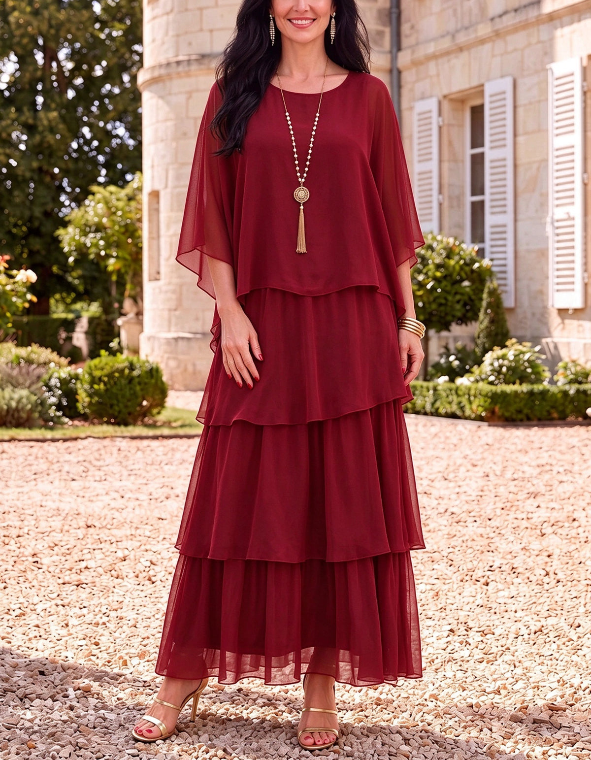 Chiffon Round Neck Cape Sleeve Tiered Ruffle Maxi Dress