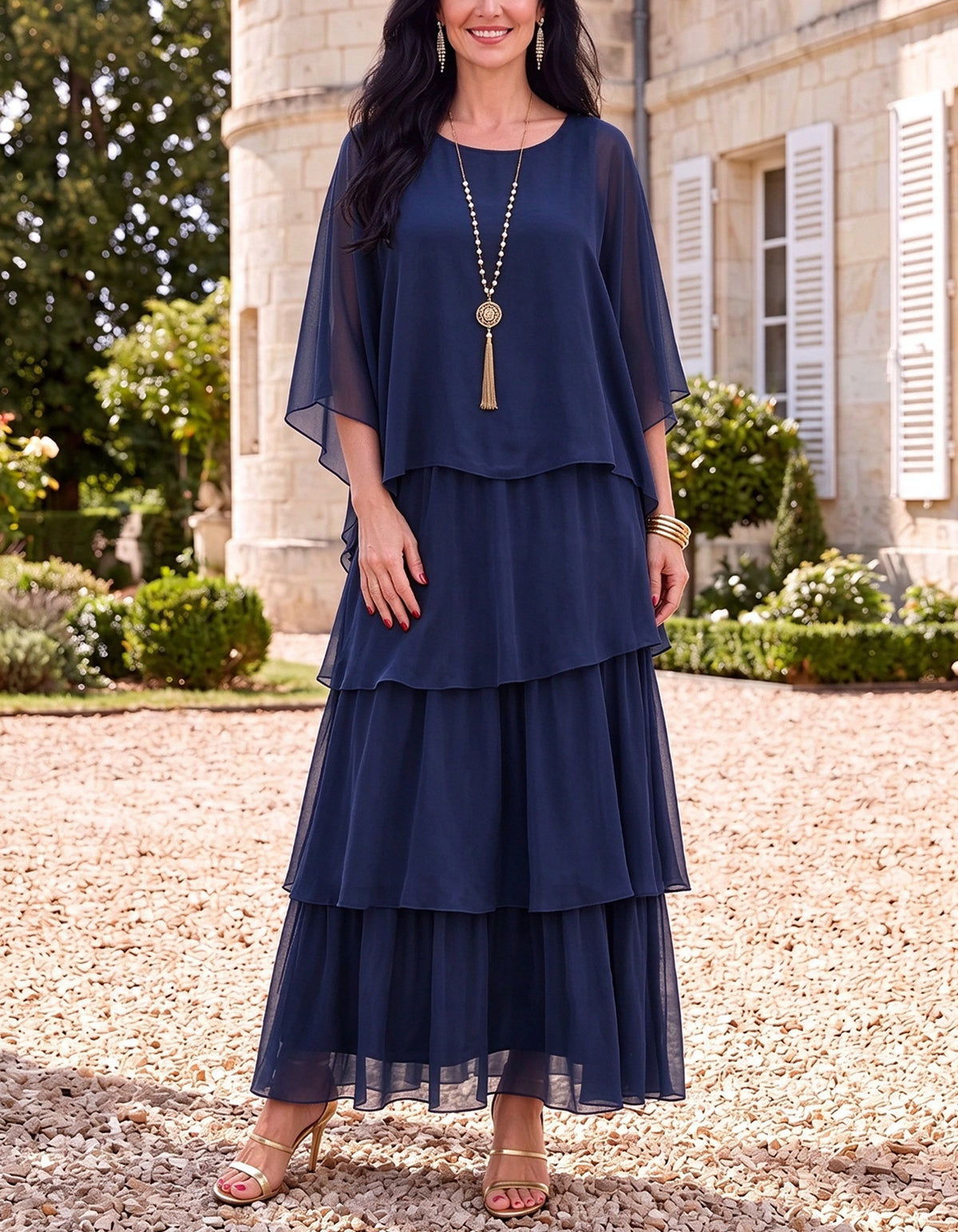 Chiffon Round Neck Cape Sleeve Tiered Ruffle Maxi Dress