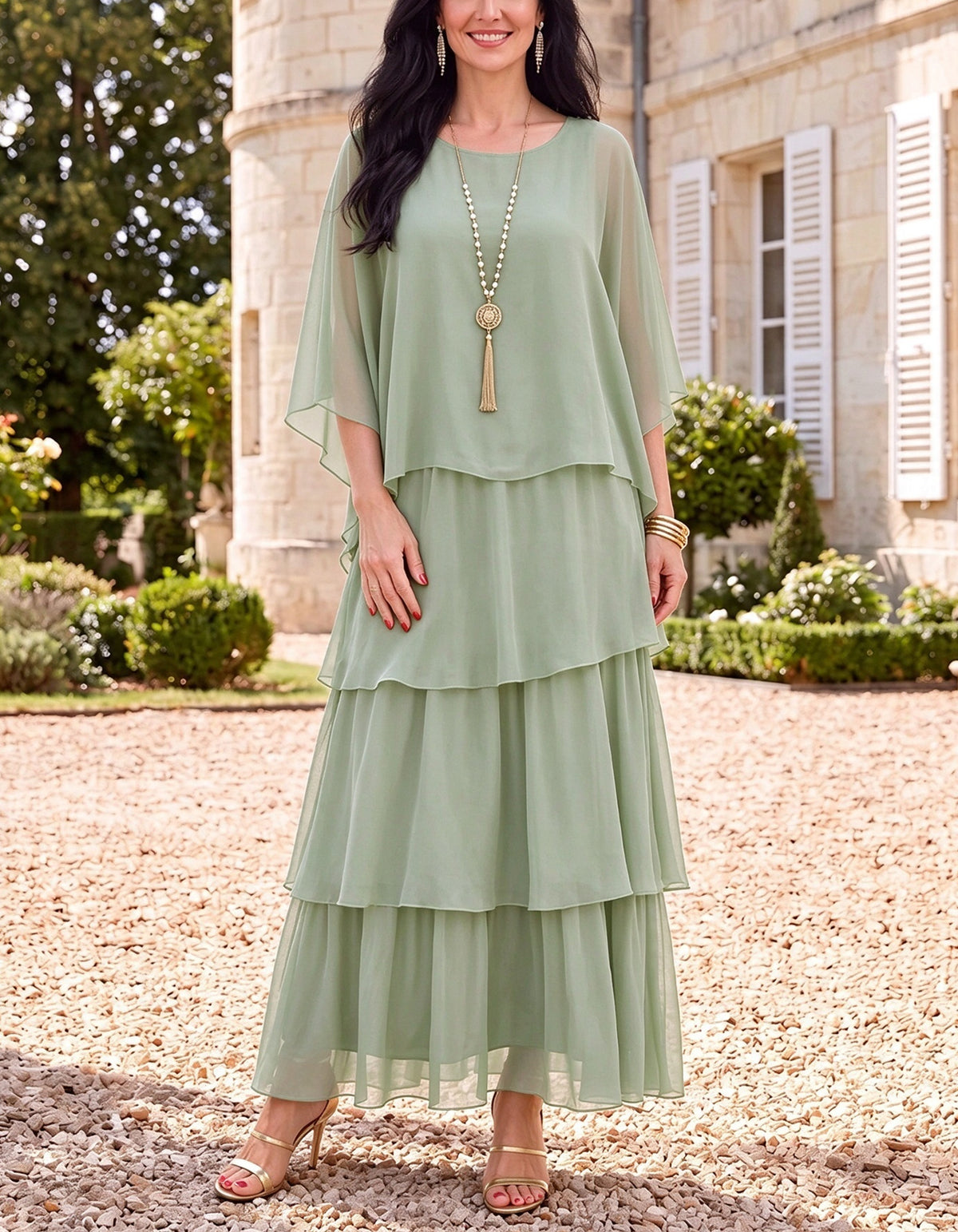 Chiffon Round Neck Cape Sleeve Tiered Ruffle Maxi Dress