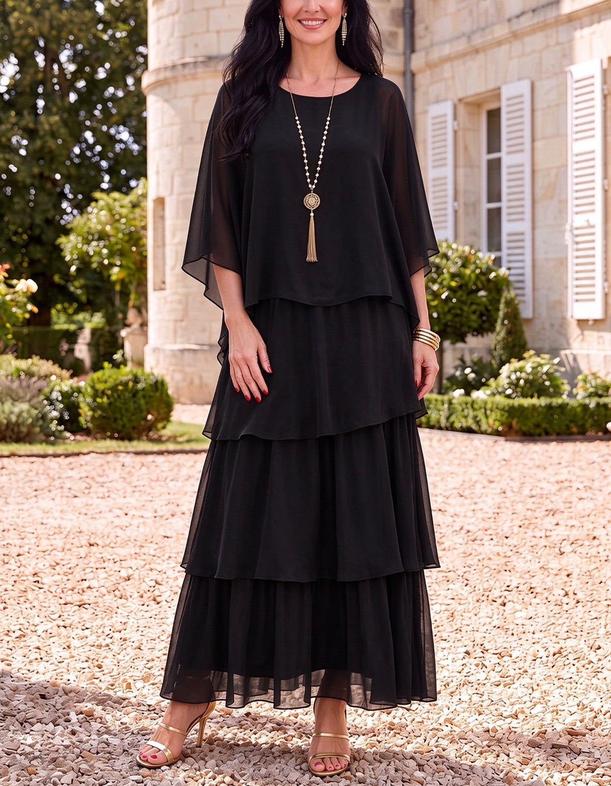 Chiffon Round Neck Cape Sleeve Tiered Ruffle Maxi Dress
