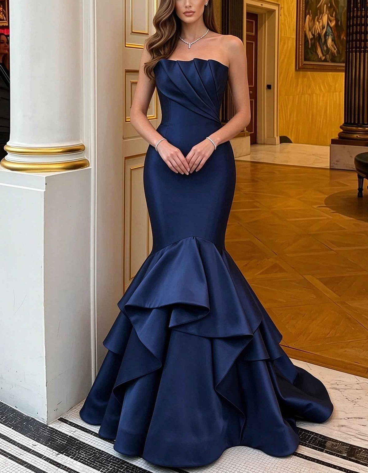 Navy Blue Satin Strapless Ruffle Mermaid Maxi Dress