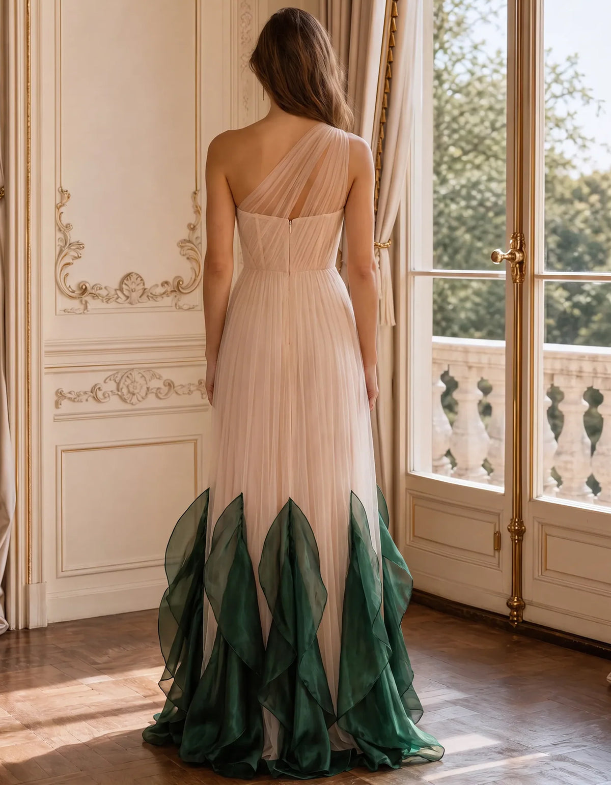 Aprikosenfarbenes Tüll-Maxikleid in A-Linie mit asymmetrischem One-Shoulder-Ausschnitt