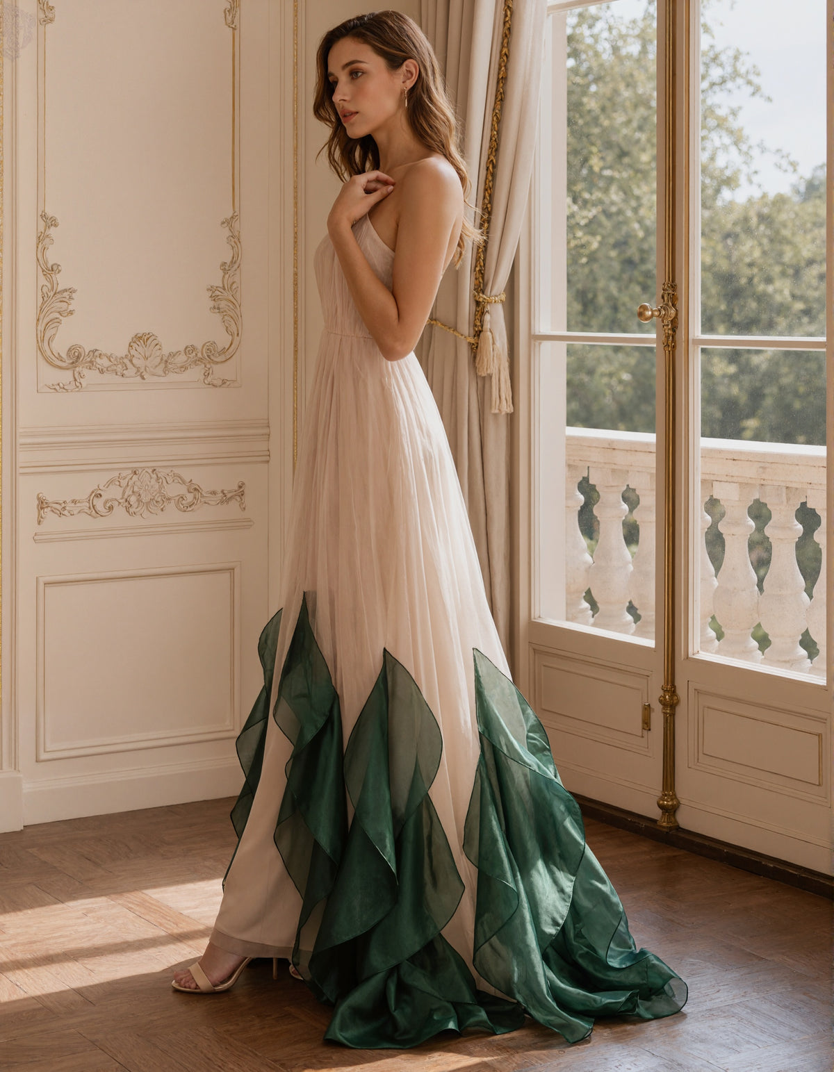 Aprikosenfarbenes Tüll-Maxikleid in A-Linie mit asymmetrischem One-Shoulder-Ausschnitt
