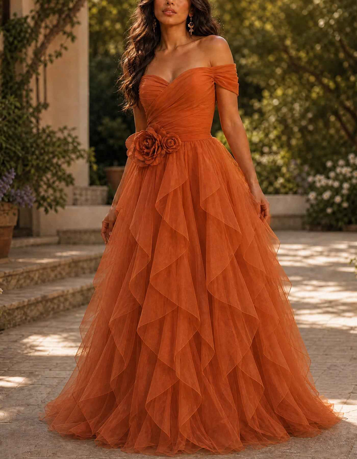 Tulle Off-The-Shoulder 3D Floral Waist Cascading Ruffle Maxi Dress