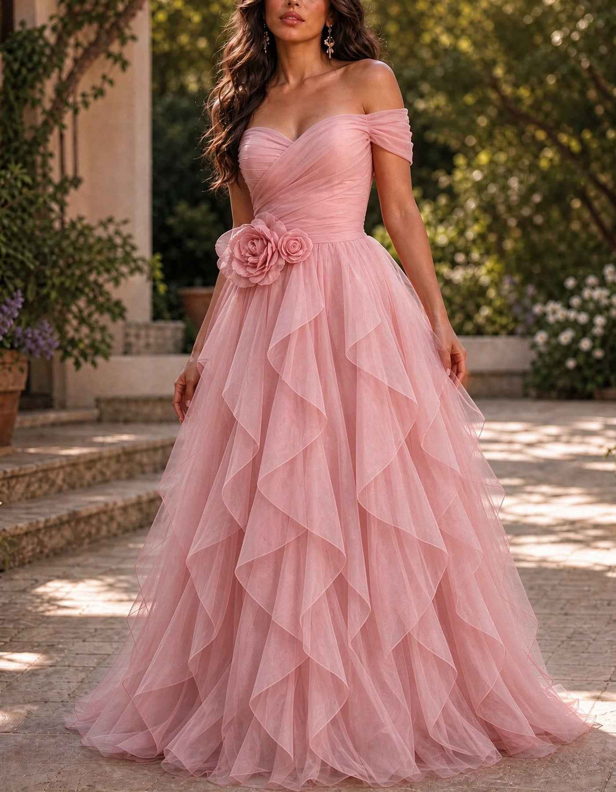 Tulle Off-The-Shoulder 3D Floral Waist Cascading Ruffle Maxi Dress