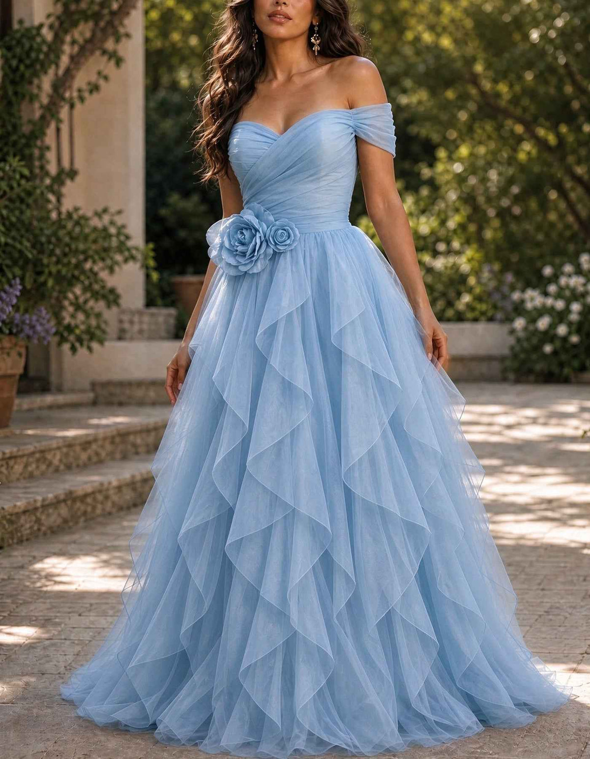 Tulle Off-The-Shoulder 3D Floral Waist Cascading Ruffle Maxi Dress