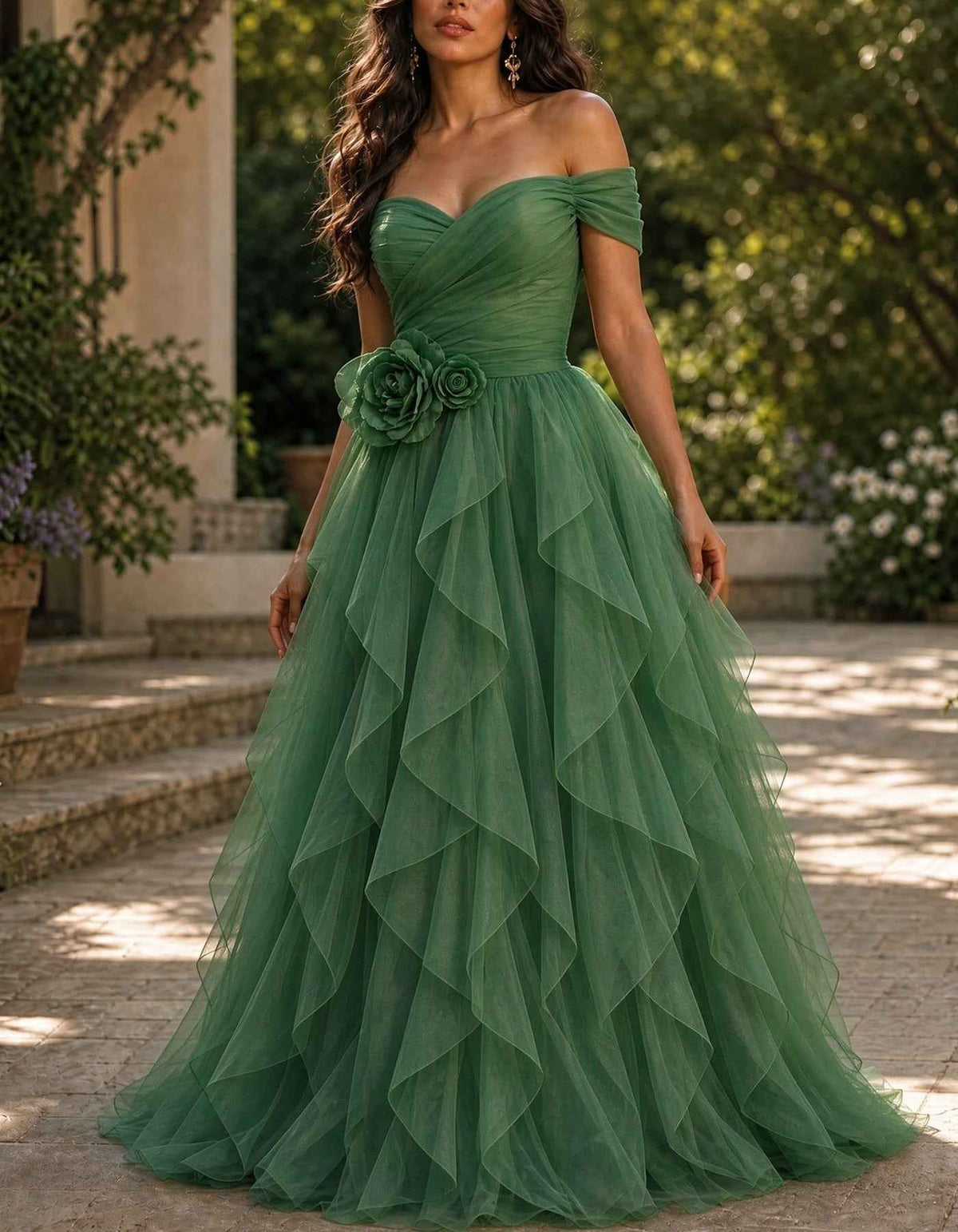 Tulle Off-The-Shoulder 3D Floral Waist Cascading Ruffle Maxi Dress
