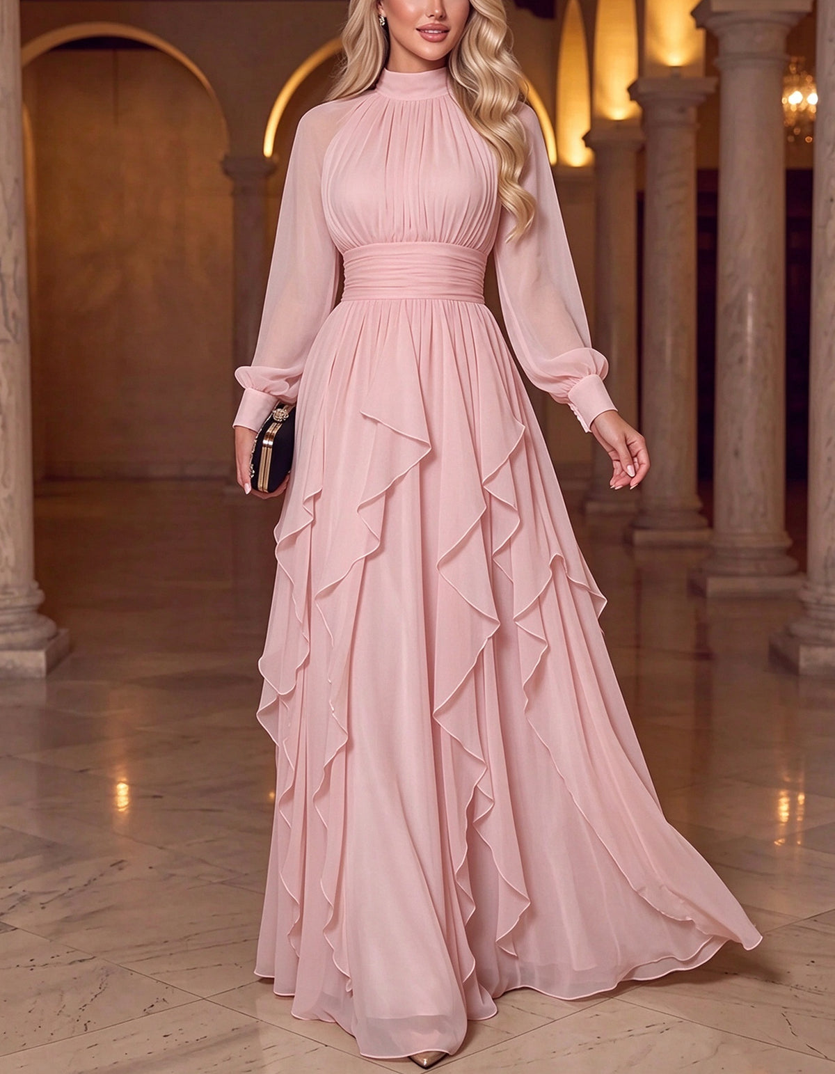 Chiffon High Neck Lantern Long Sleeve Ruched Waist Maxi Dress