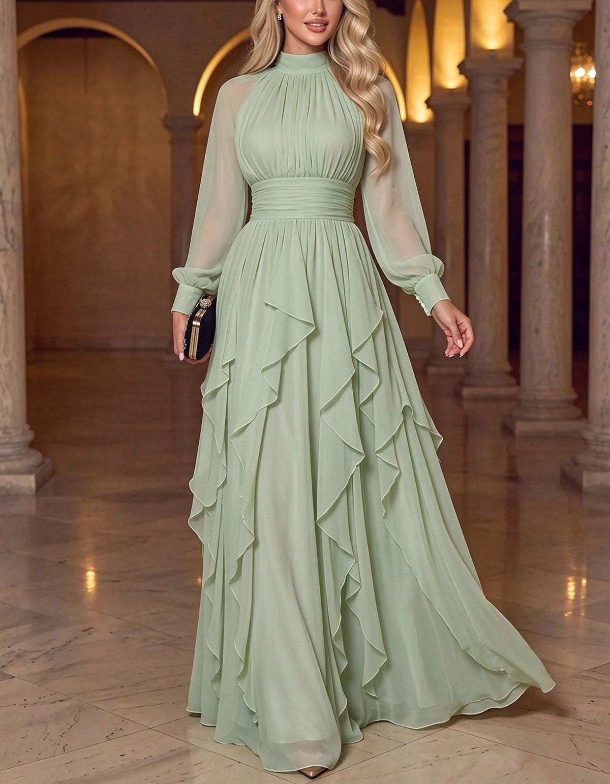 Chiffon High Neck Lantern Long Sleeve Ruched Waist Maxi Dress