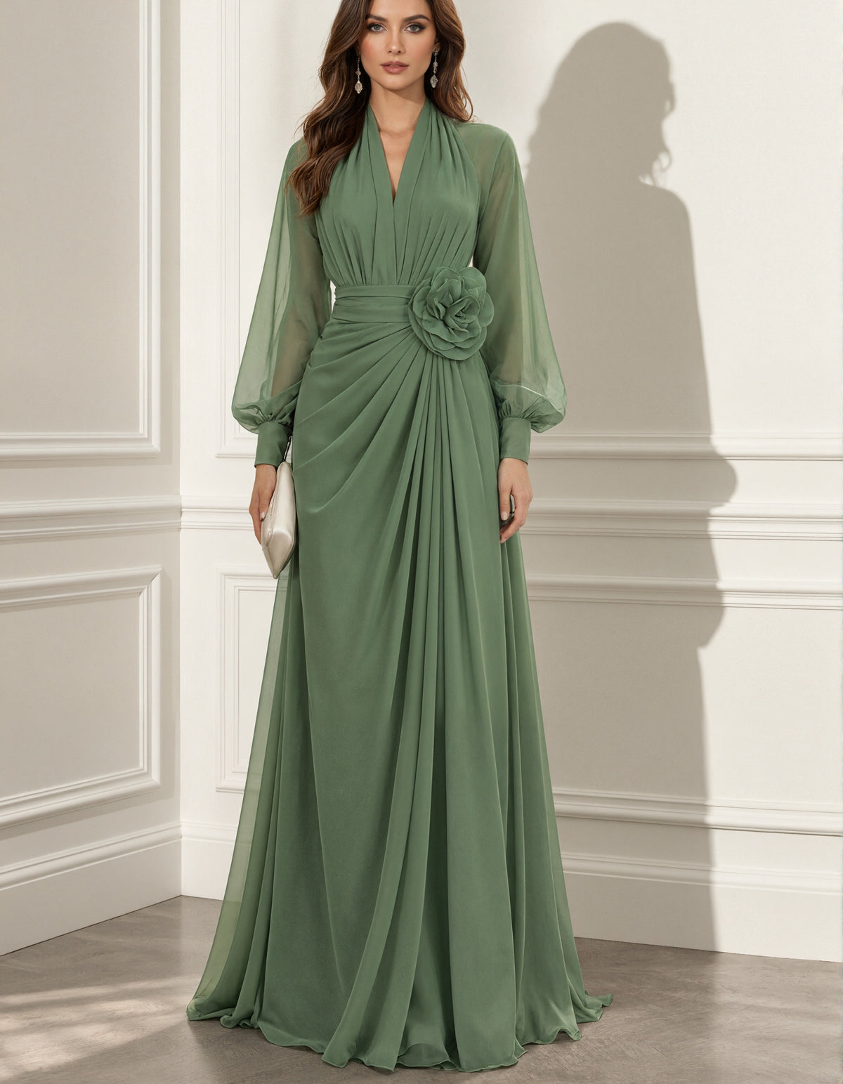 Abito maxi in chiffon verde salvia con scollo a V e maniche lunghe