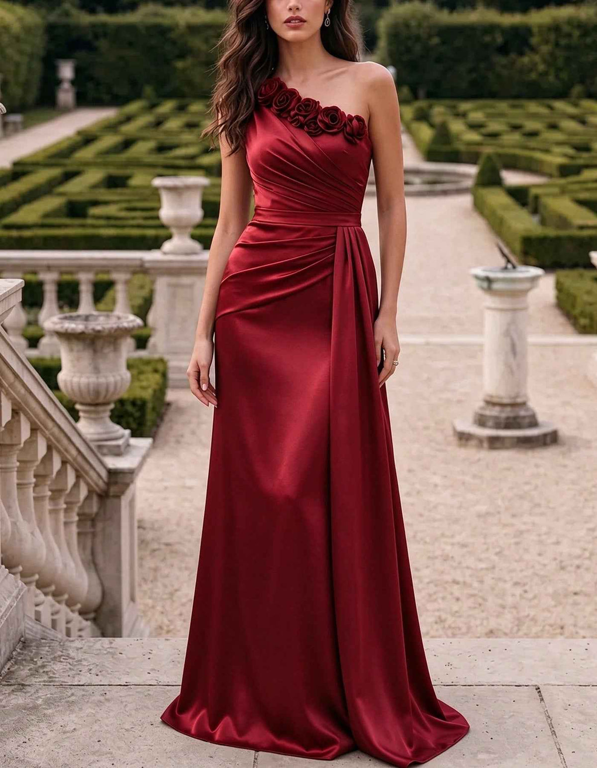 Satin One Shoulder 3D Floral Roses Ruched A-Line Maxi Dress