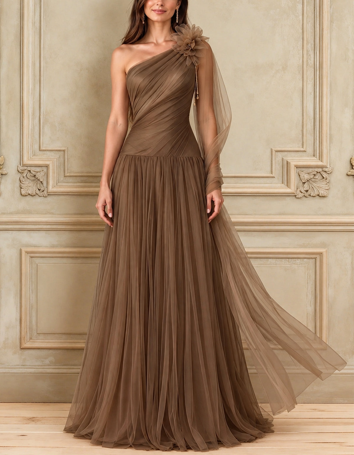 Vestido maxi castanho em tule, de corte A, com design de um ombro