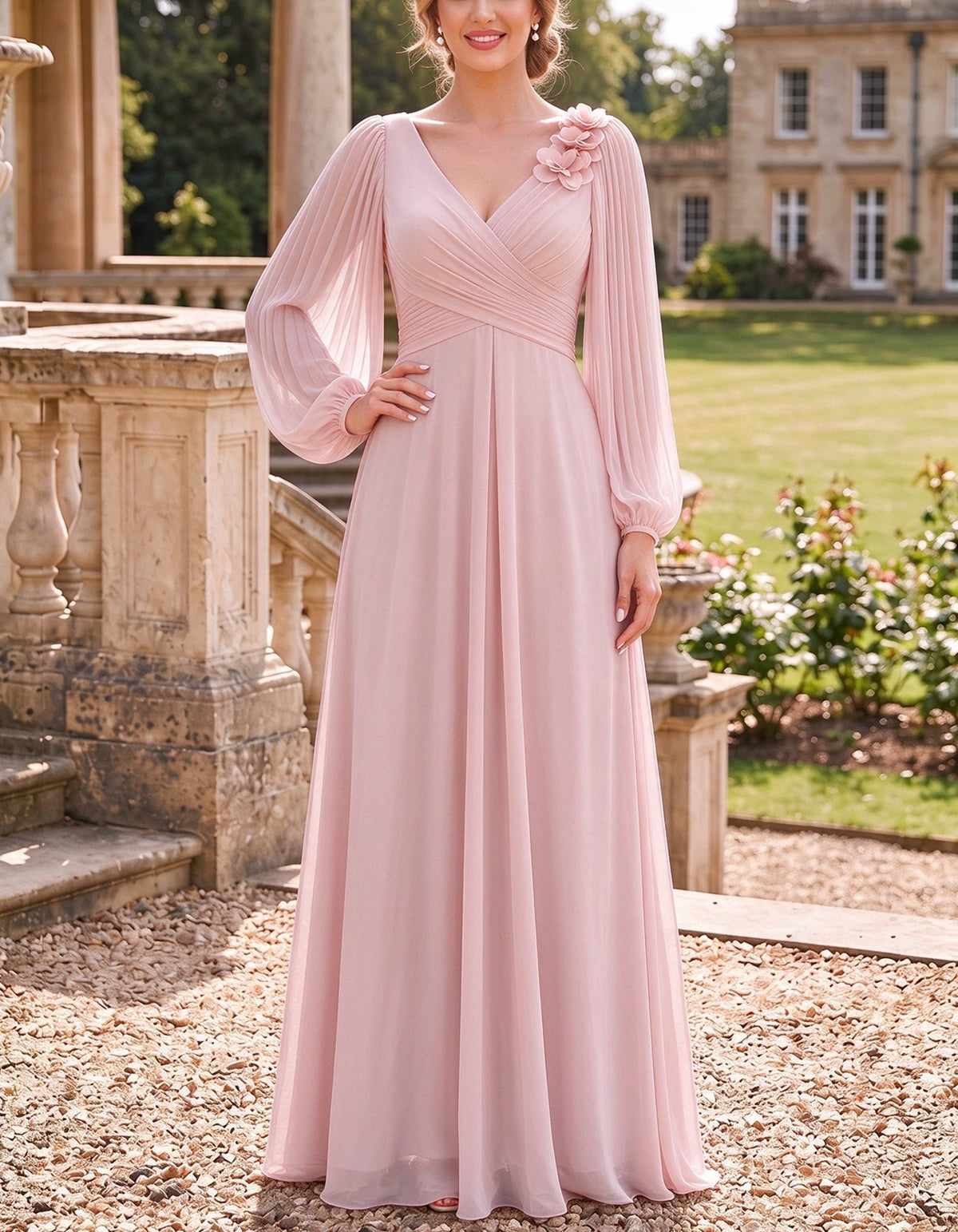 Chiffon V-Neck Pleated Bubble Long Sleeve 3D Floral Maxi Dress