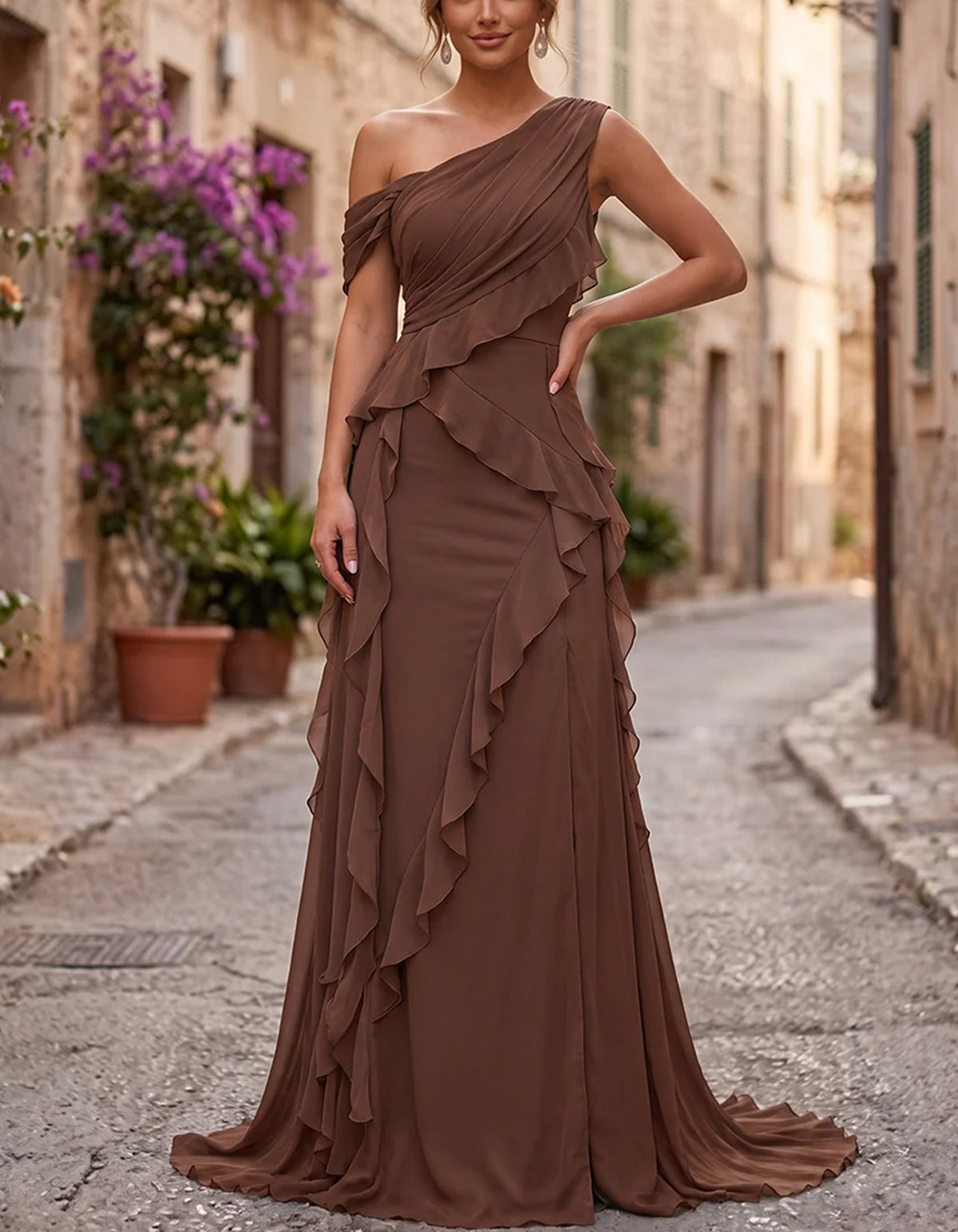 Chiffon Asymmetrical Off Shoulder Multi Layer Ruffle Maxi Dress