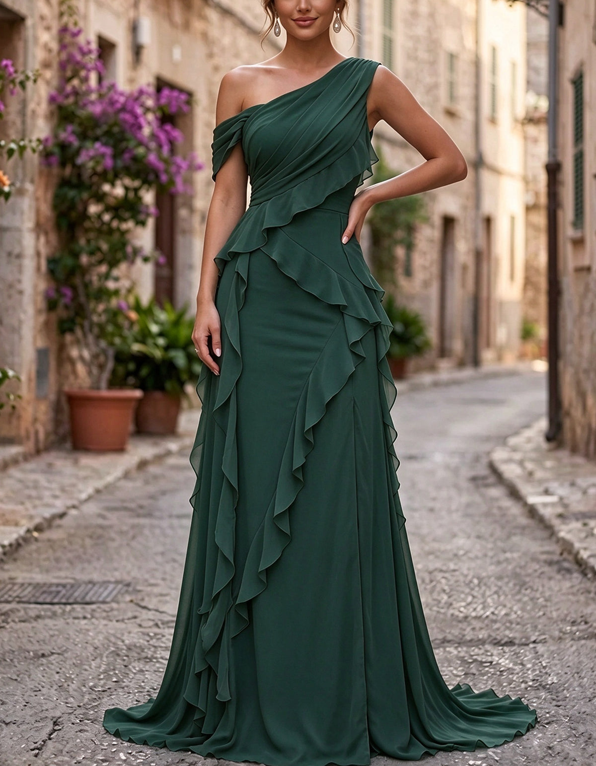 Chiffon Asymmetrical Off Shoulder Multi Layer Ruffle Maxi Dress