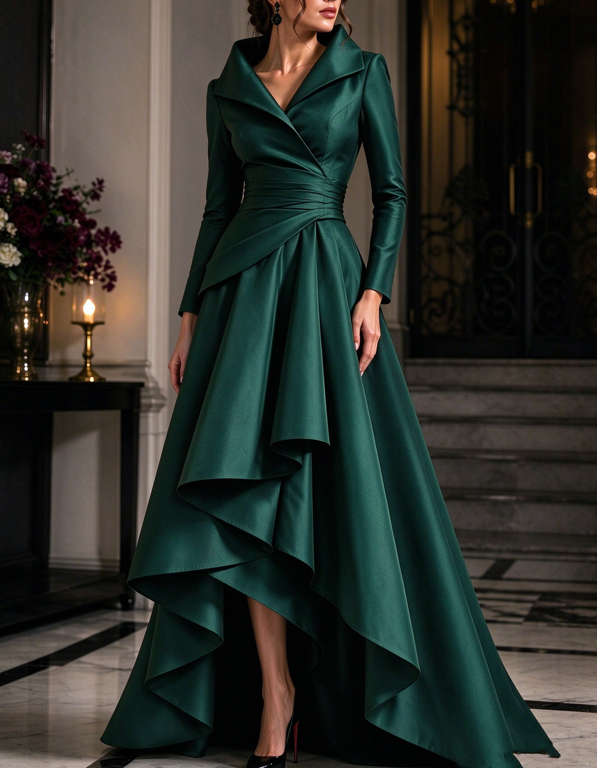 Vestido maxi de cetim com gola de lapela, mangas compridas, corte assimétrico e folhos