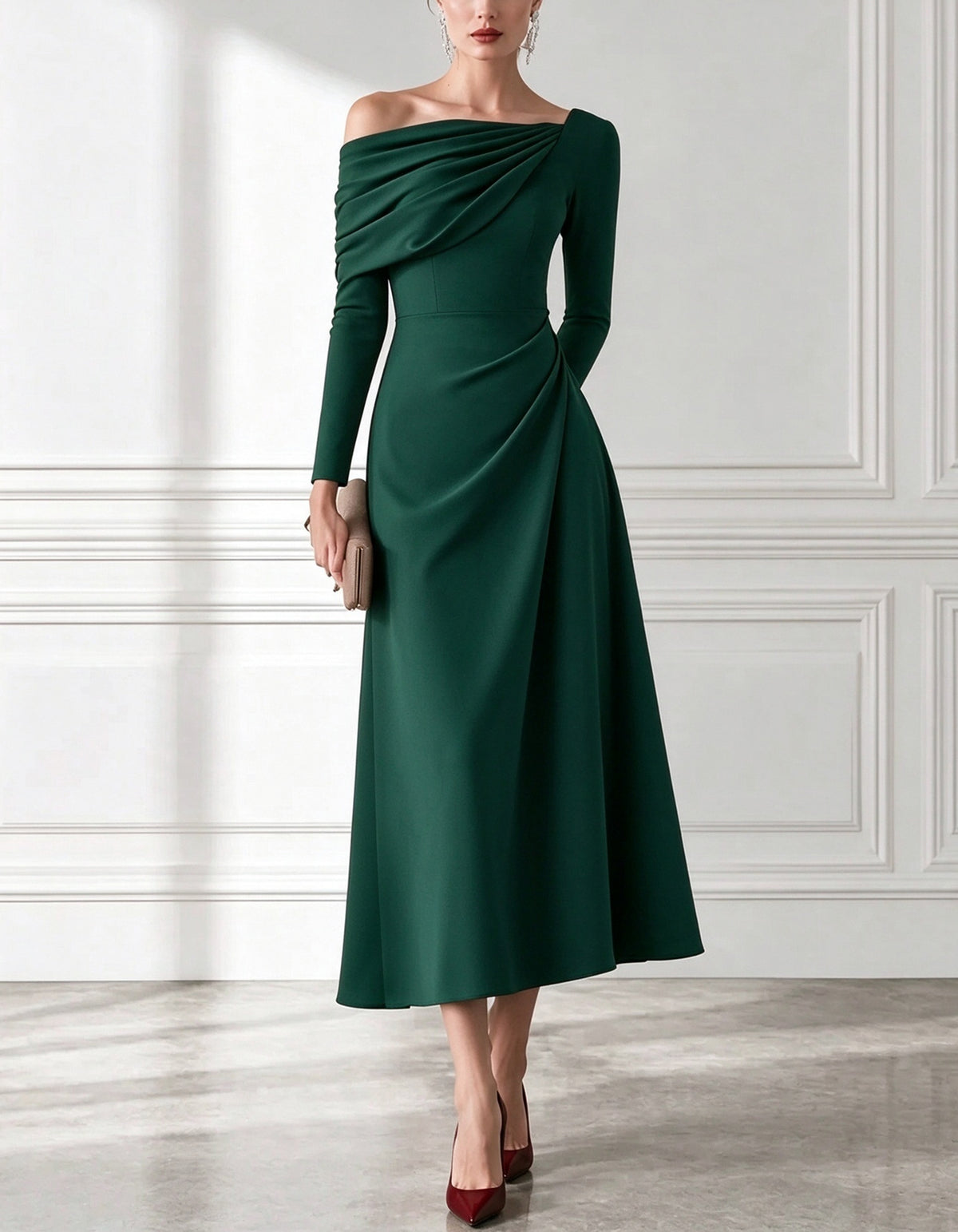 Asymmetrical Off Shoulder Long Sleeve Ruched Waist Midi Dress