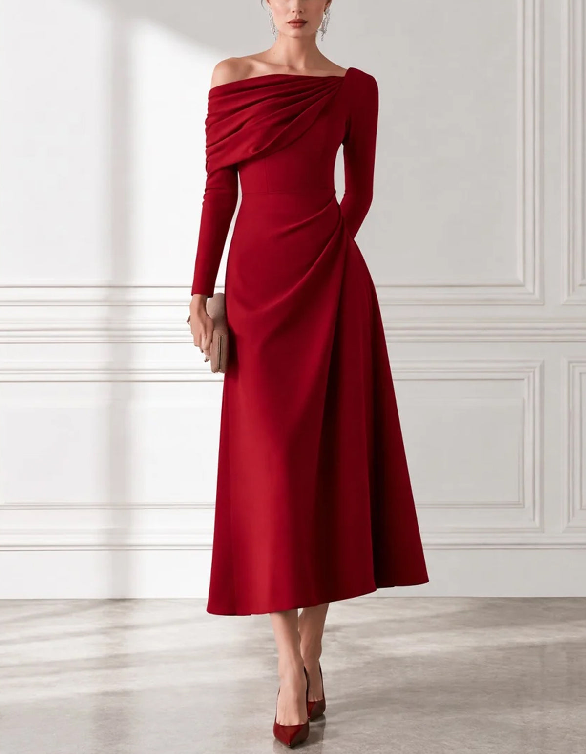 Asymmetrical Off Shoulder Long Sleeve Ruched Waist Midi Dress
